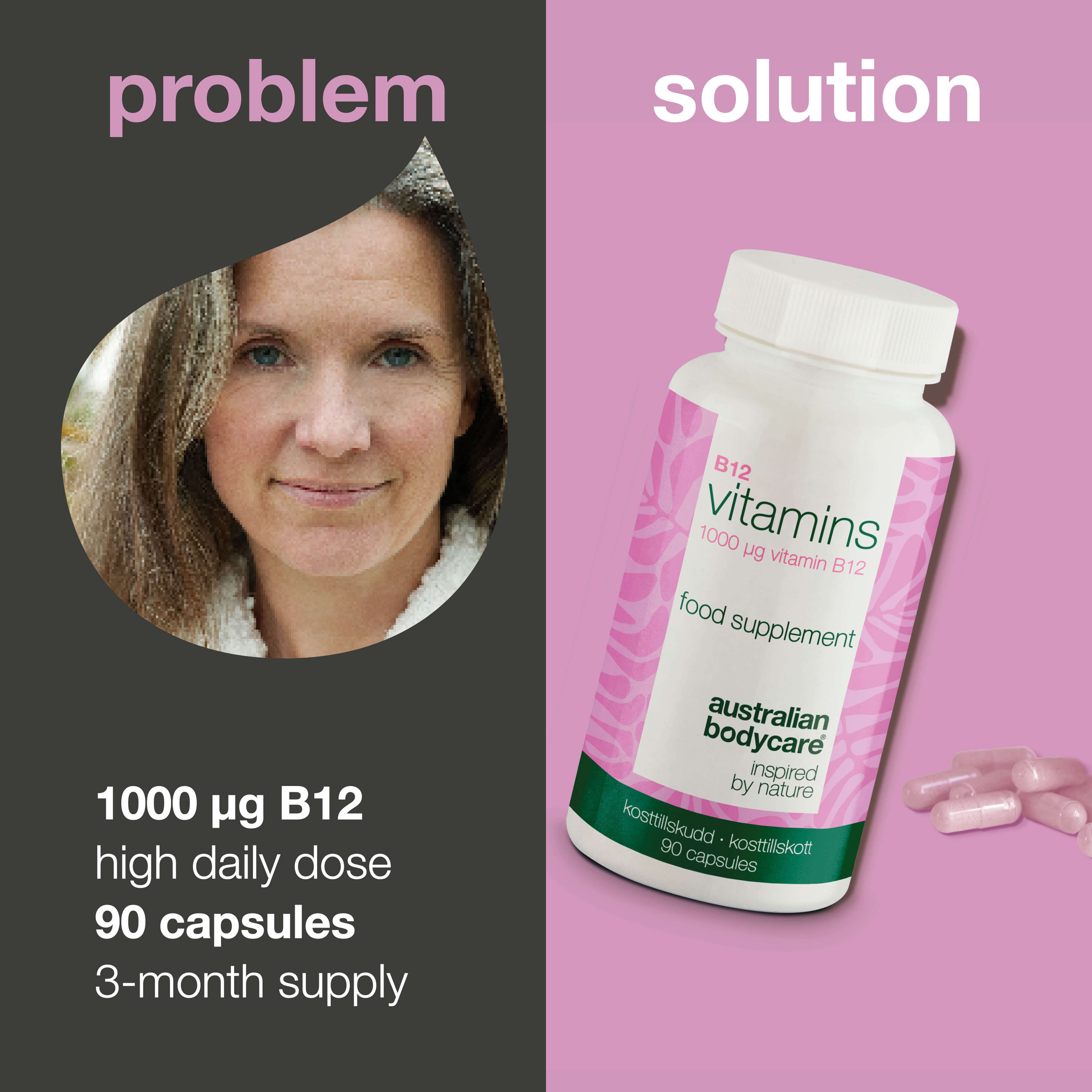 Vitamín B12 – Doplnok 1000 µg, 90 vegánskych kapsúl — Vysokodávkový vitamín B12 – 90 vegánskych kapsúl na 90 dní. Každodenná podpora energie a rastlinnej stravy.