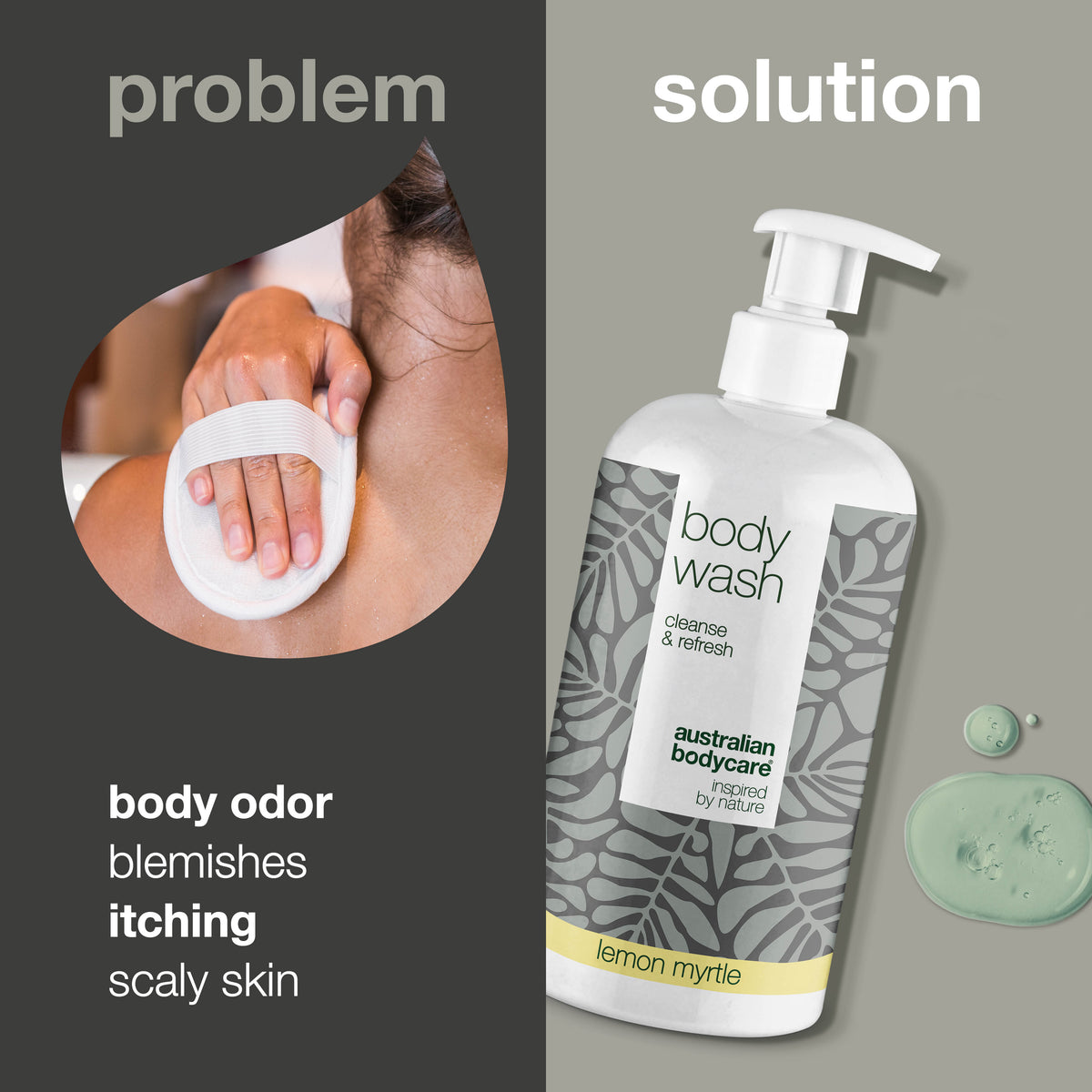 Problém a riešenie: telesný pach, nečistoty, svrbenie a šupinatá pokožka. Vľavo detail predlaktia umývaného umývacou rukavicou, vpravo fľaša Body Wash Lemon Myrtle od Australian Bodycare.