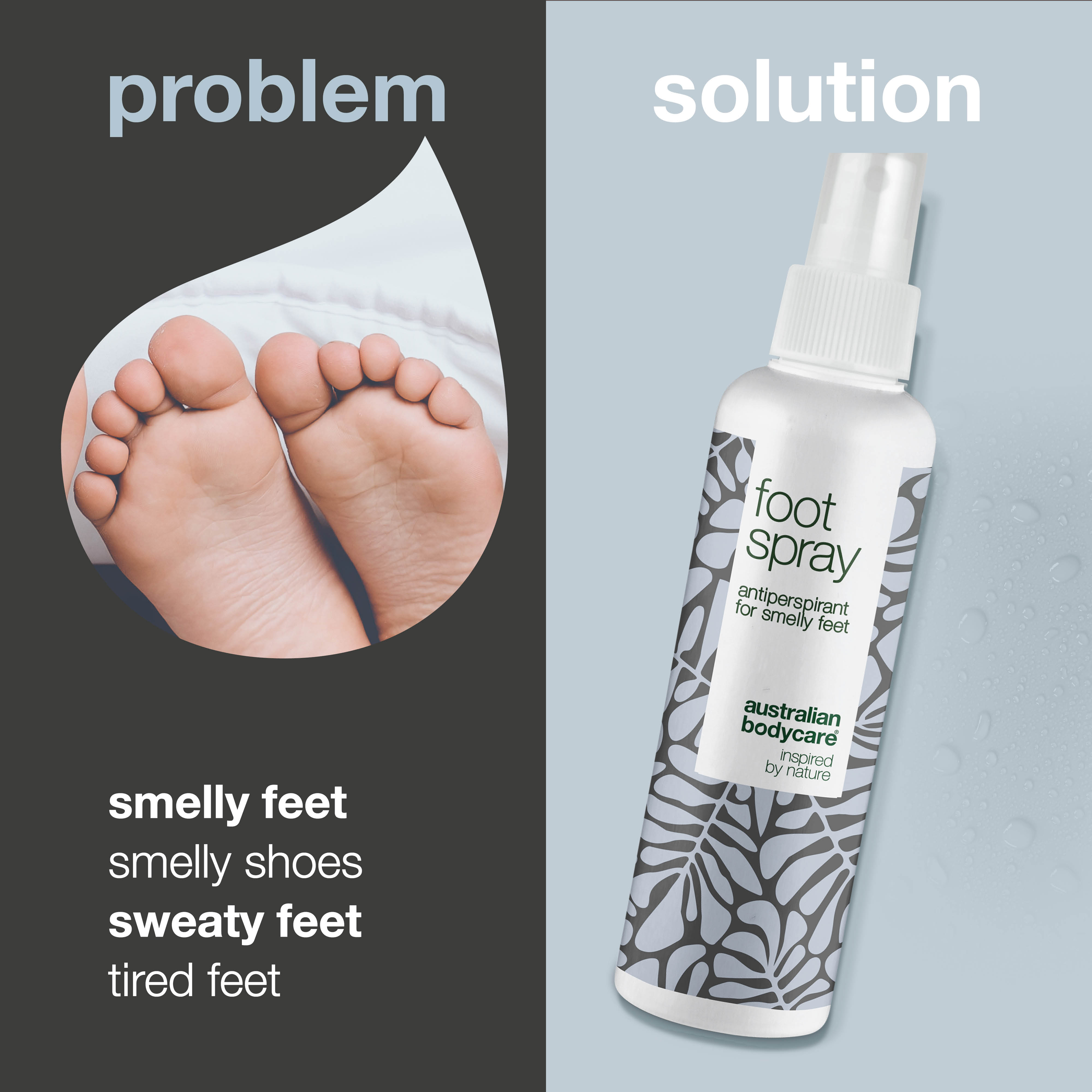Sprej na nohy proti zápachu — Antiperspirant na potivé a zapáchajúce nohy s prírodnými aktívnymi látkami.