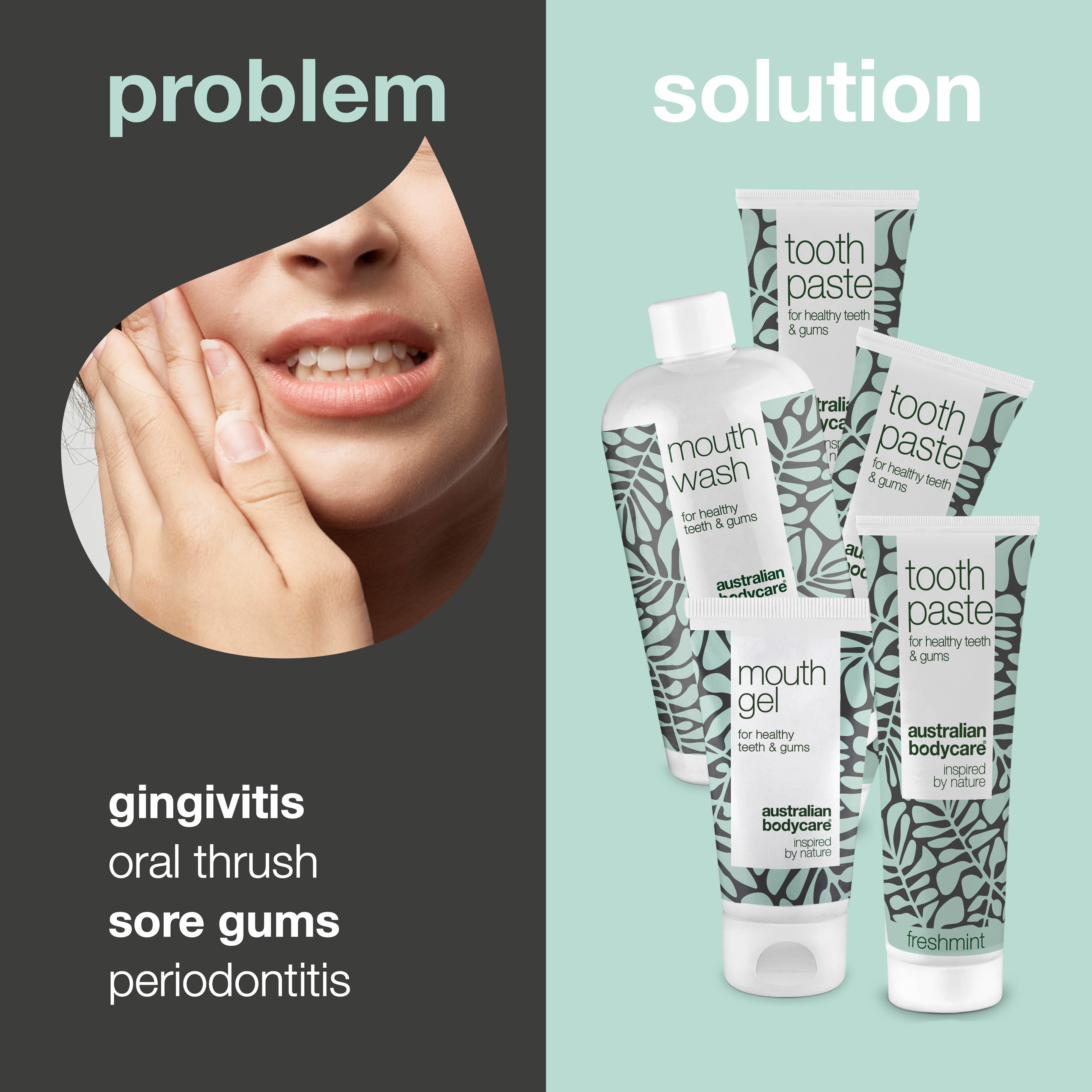 Súprava na ústnu hygienu proti problémom s ďasnami — 5-dielna sada pre zdravé ďasná a ústnu hygienu.