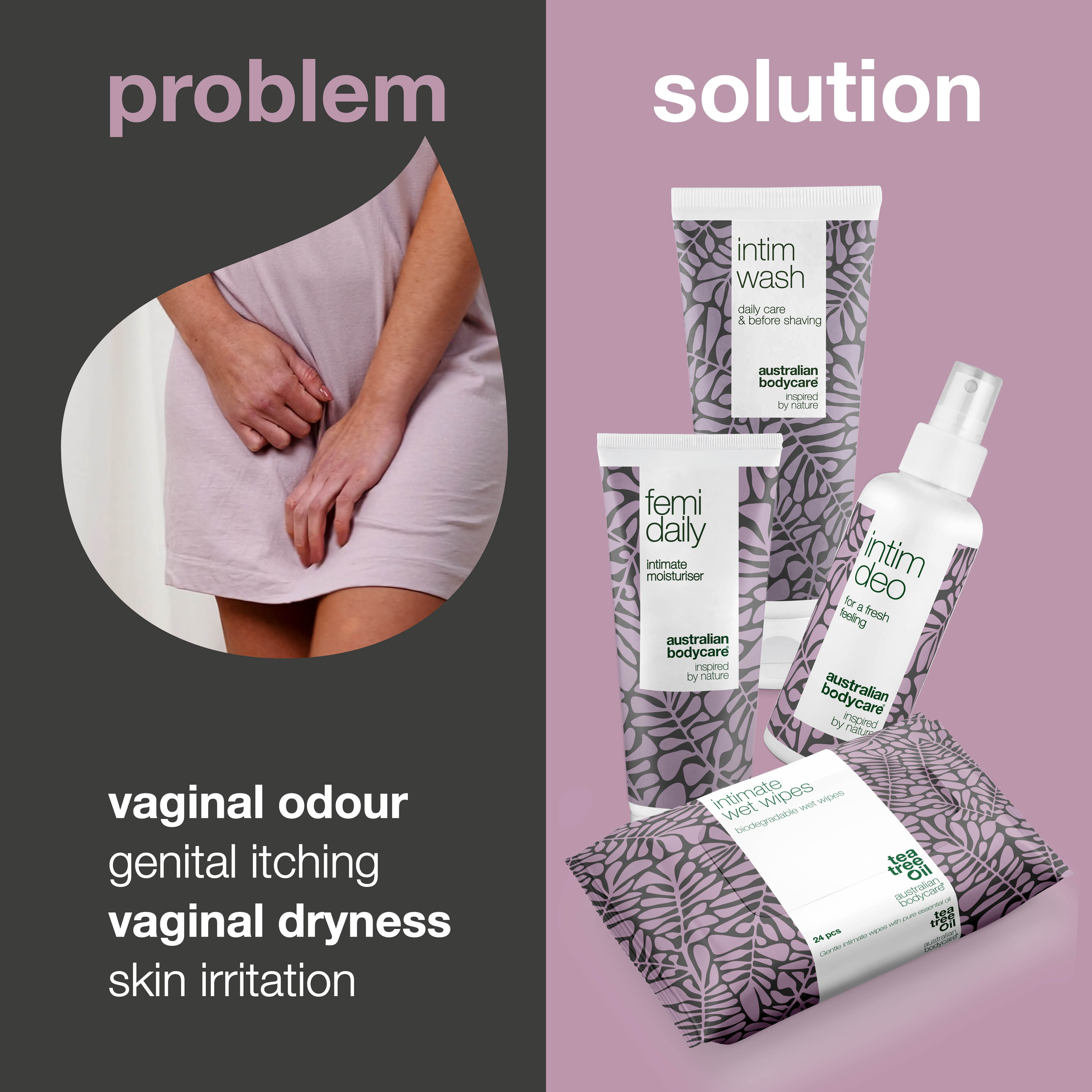 4-dielna sada pre intímnu hygienu — Bojuje proti nežiaducemu zápachu a udržuje intímnu oblasť čistú a bez podráždenia. Produkty sú inšpirované prírodou a dermatologicky testované.
