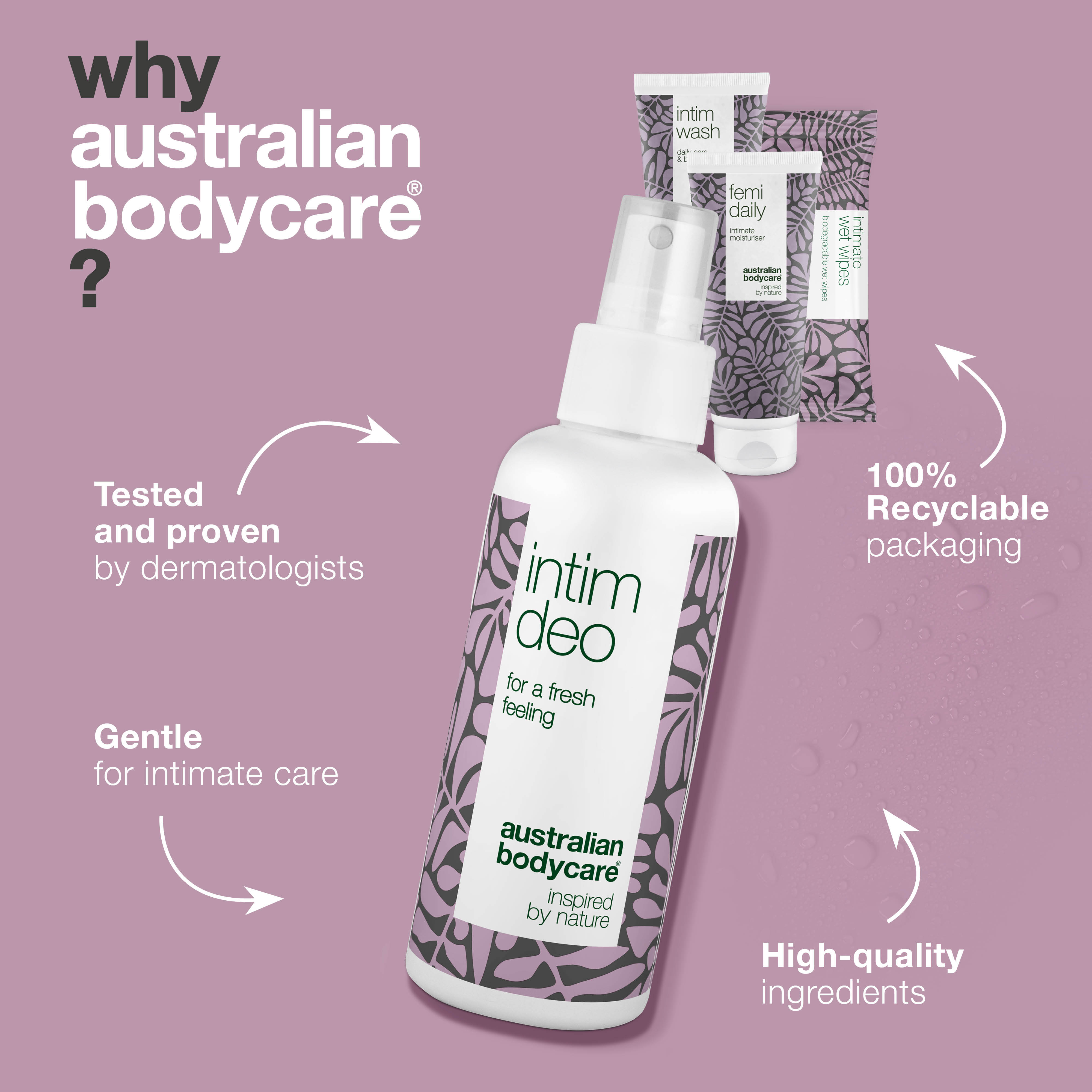 4-dielna sada pre intímnu hygienu — Bojuje proti nežiaducemu zápachu a udržuje intímnu oblasť čistú a bez podráždenia. Produkty sú inšpirované prírodou a dermatologicky testované.