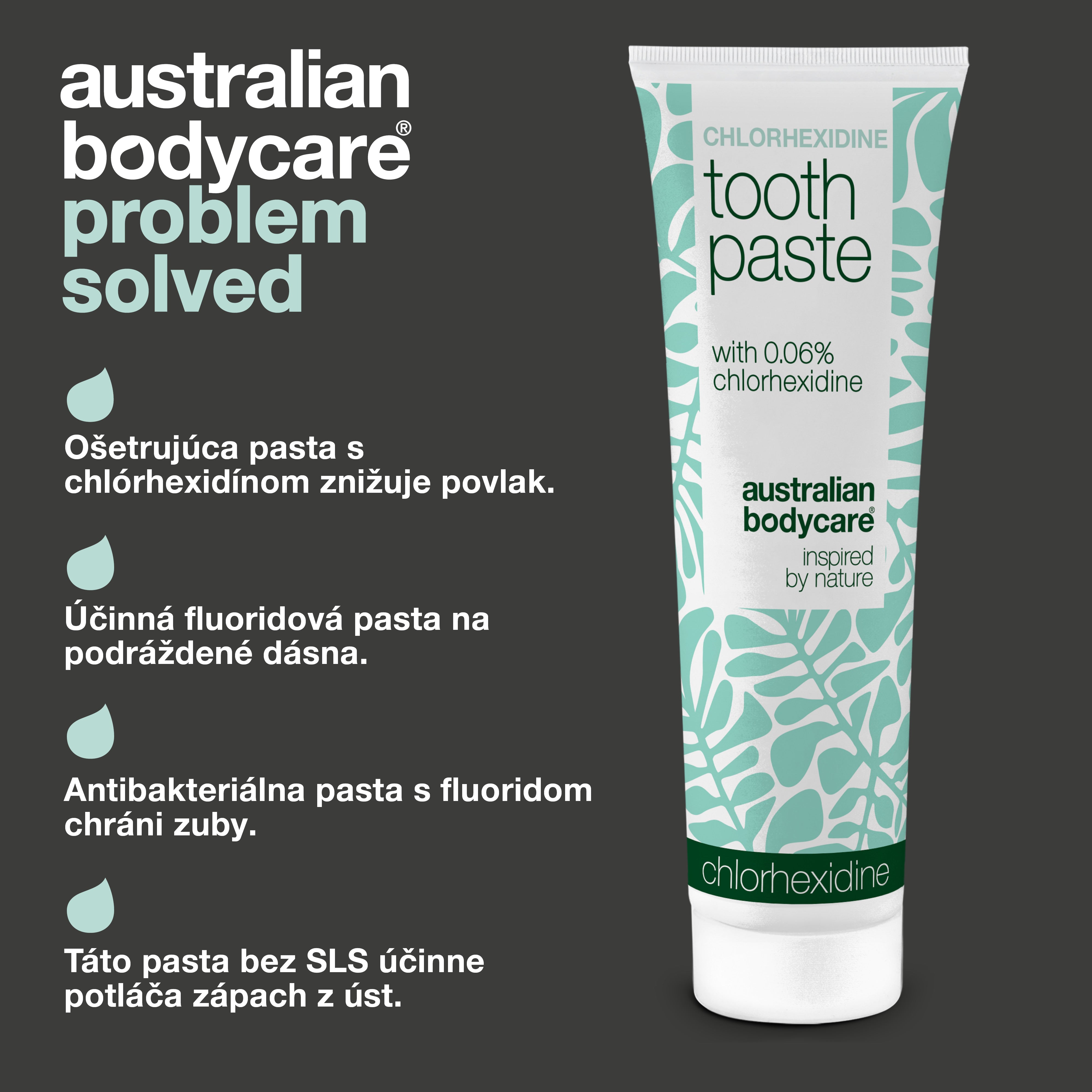 Zubná pasta s chlórhexidínom Australian Bodycare so štyrmi uvedenými prínosmi: pôsobí proti zubnému povlaku, denne sa stará o podráždené ďasná, chráni fluoridom pred zubným kazom a pôsobí proti baktériám a zápachu z úst bez SLS.