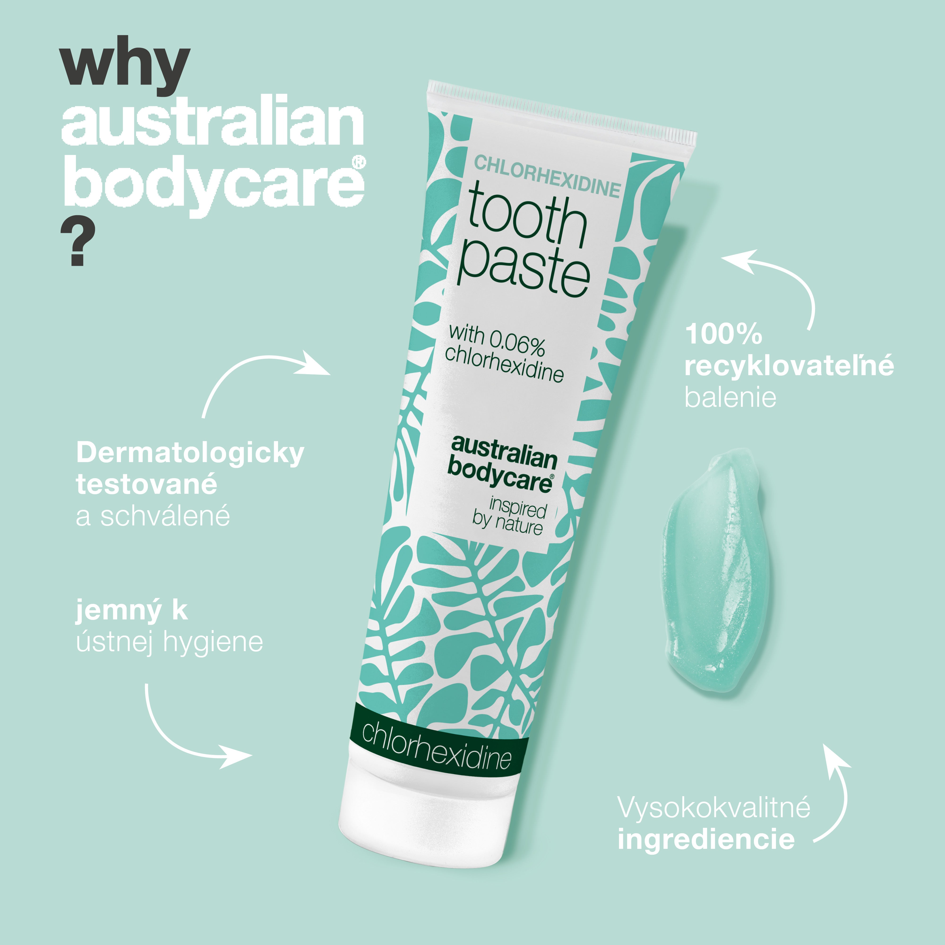 Zubná pasta s chlórhexidínom Australian Bodycare predstavená ako dermatologicky testovaná a schválená, šetrná k ústnej hygiene, v 100 % recyklovateľnom obale a so zložkami vysokej kvality.