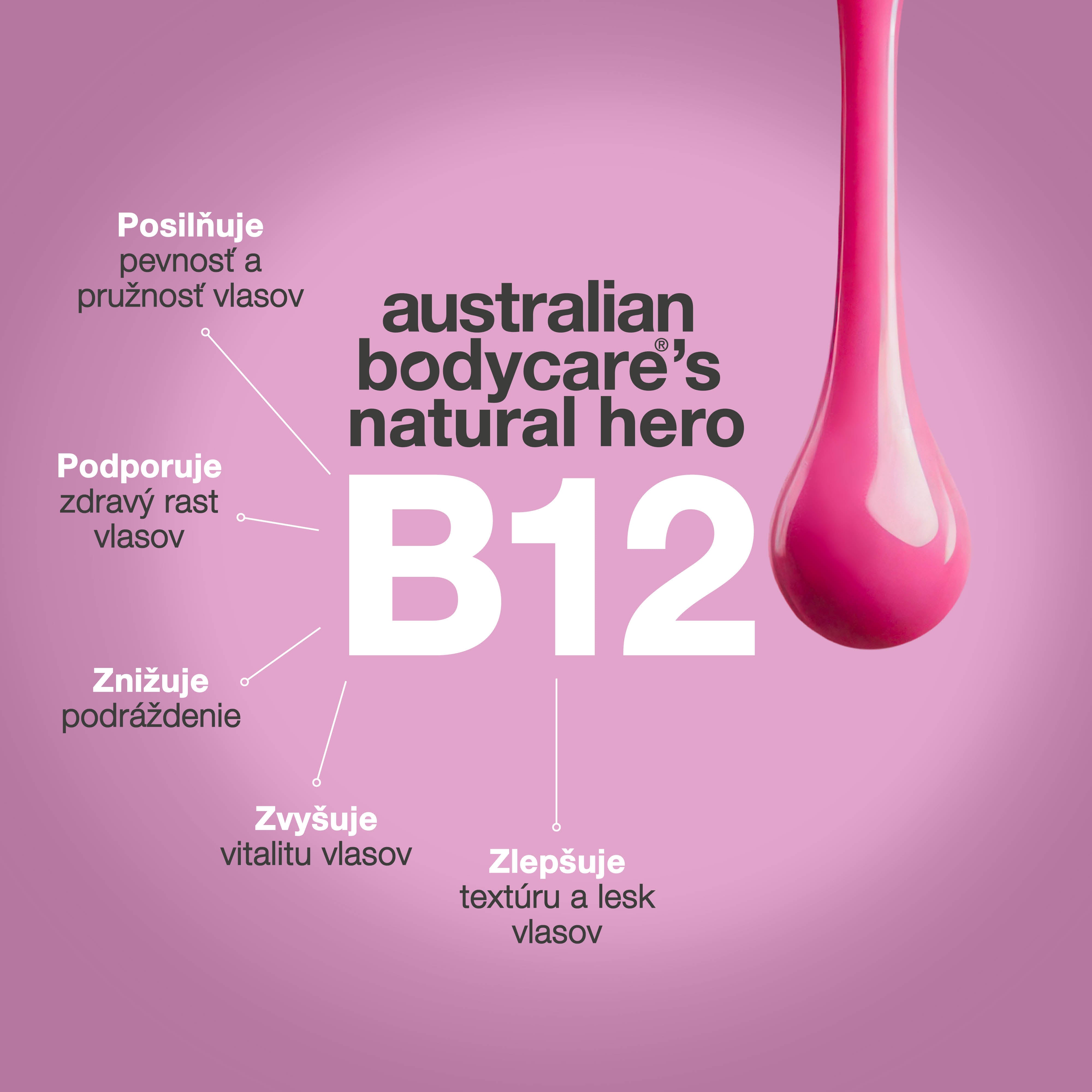 Vitamín B12 od Australian Bodycare zlepšuje silu a pružnosť vlasov, podporuje zdravý rast a dodáva lesk