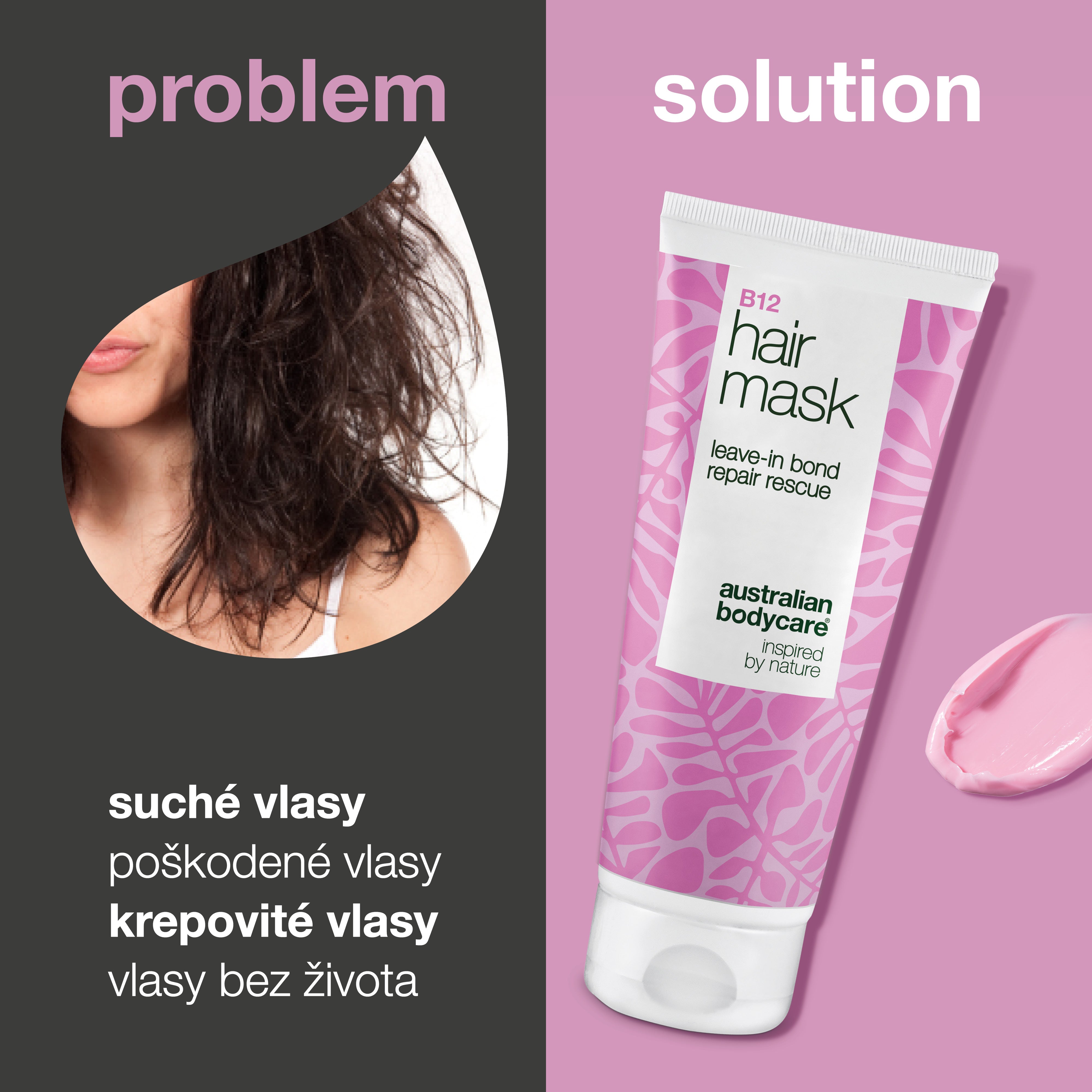 Problém a riešenie: suché, poškodené, krepovaté a matné vlasy oproti B12 Maska na vlasy od Australian Bodycare
