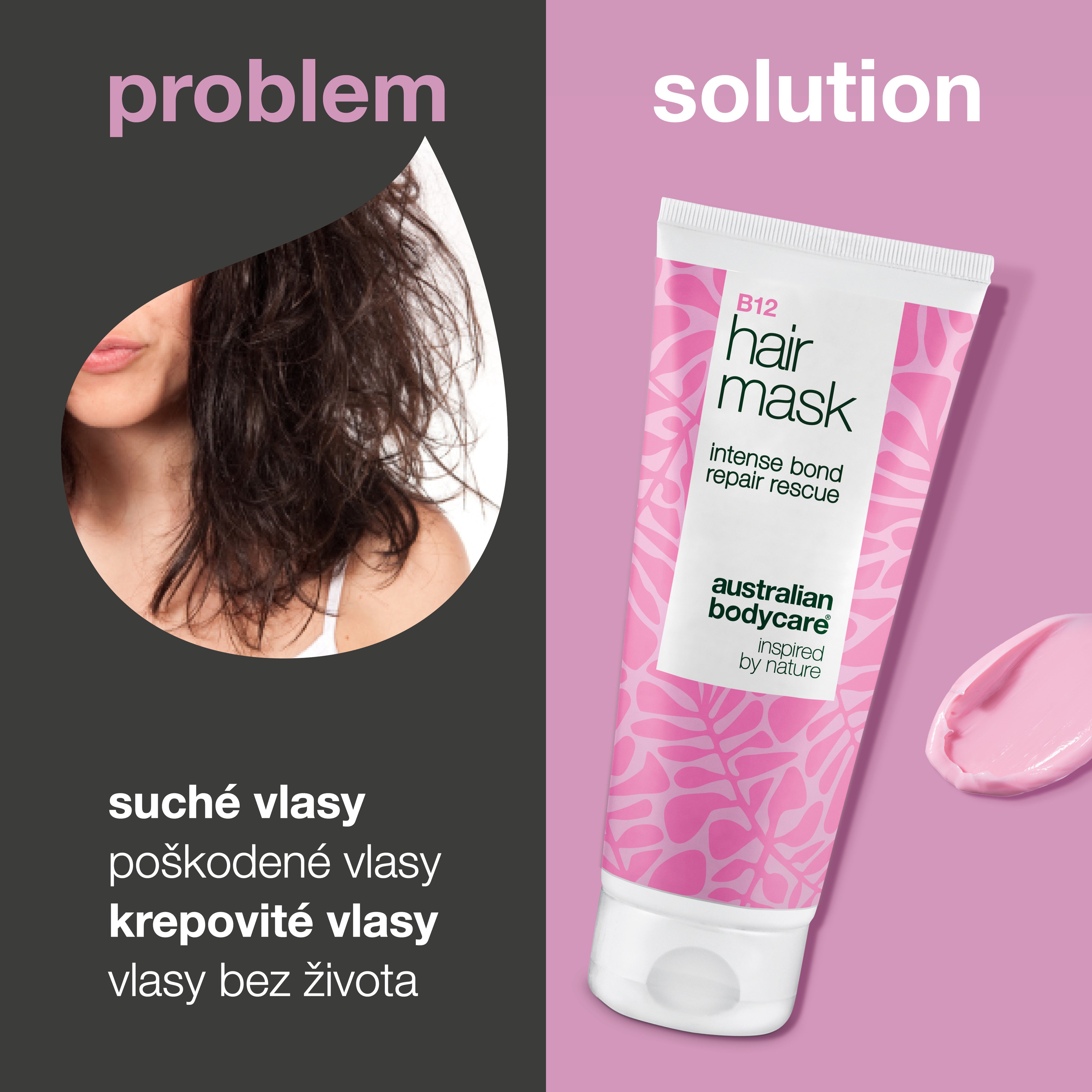Problém a riešenie: suché, poškodené, krepovaté a matné vlasy oproti B12 Maska na vlasy od Australian Bodycare