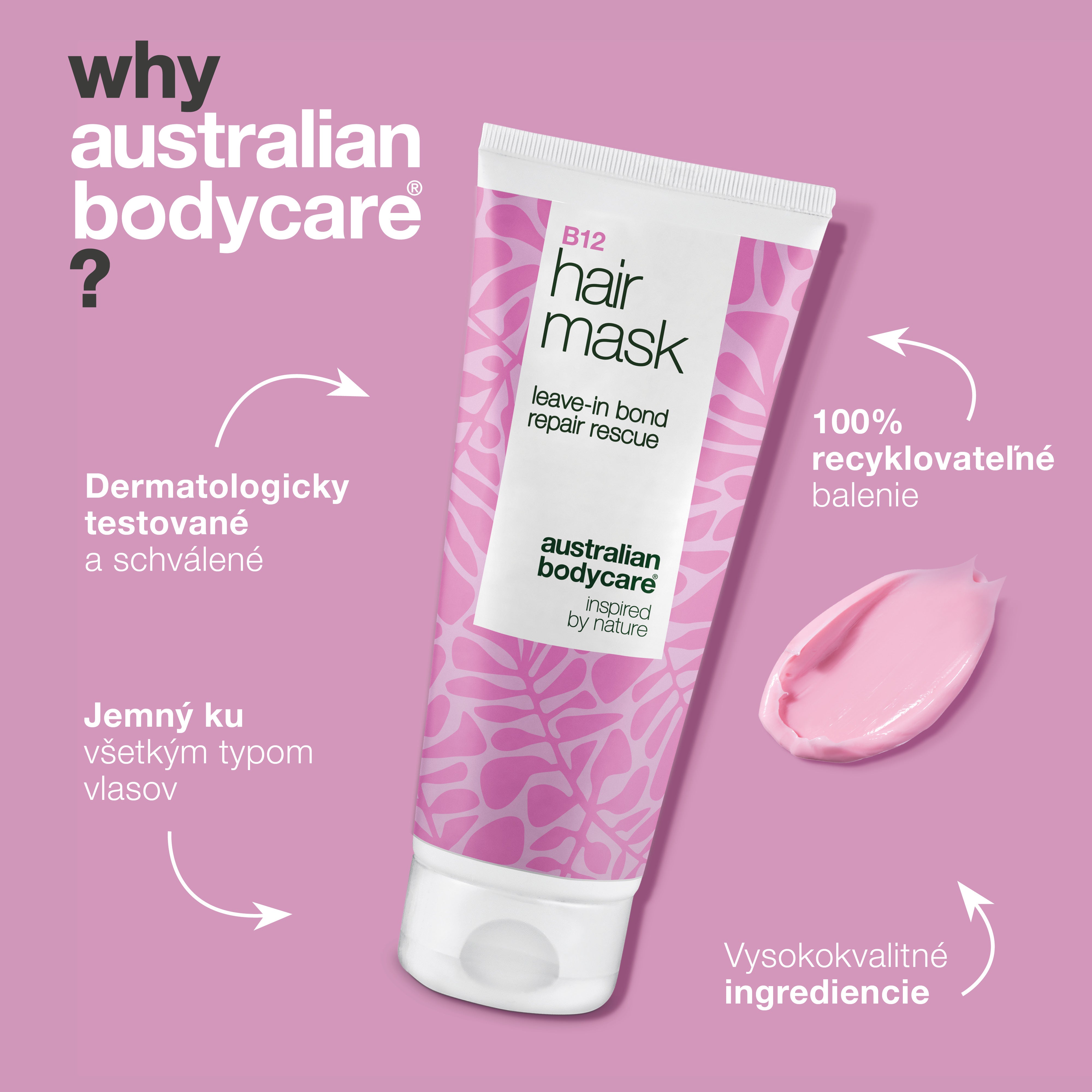 B12 Maska na vlasy je dermatologicky testovaná, šetrná ku všetkým typom vlasov a obal je 100 % recyklovateľný