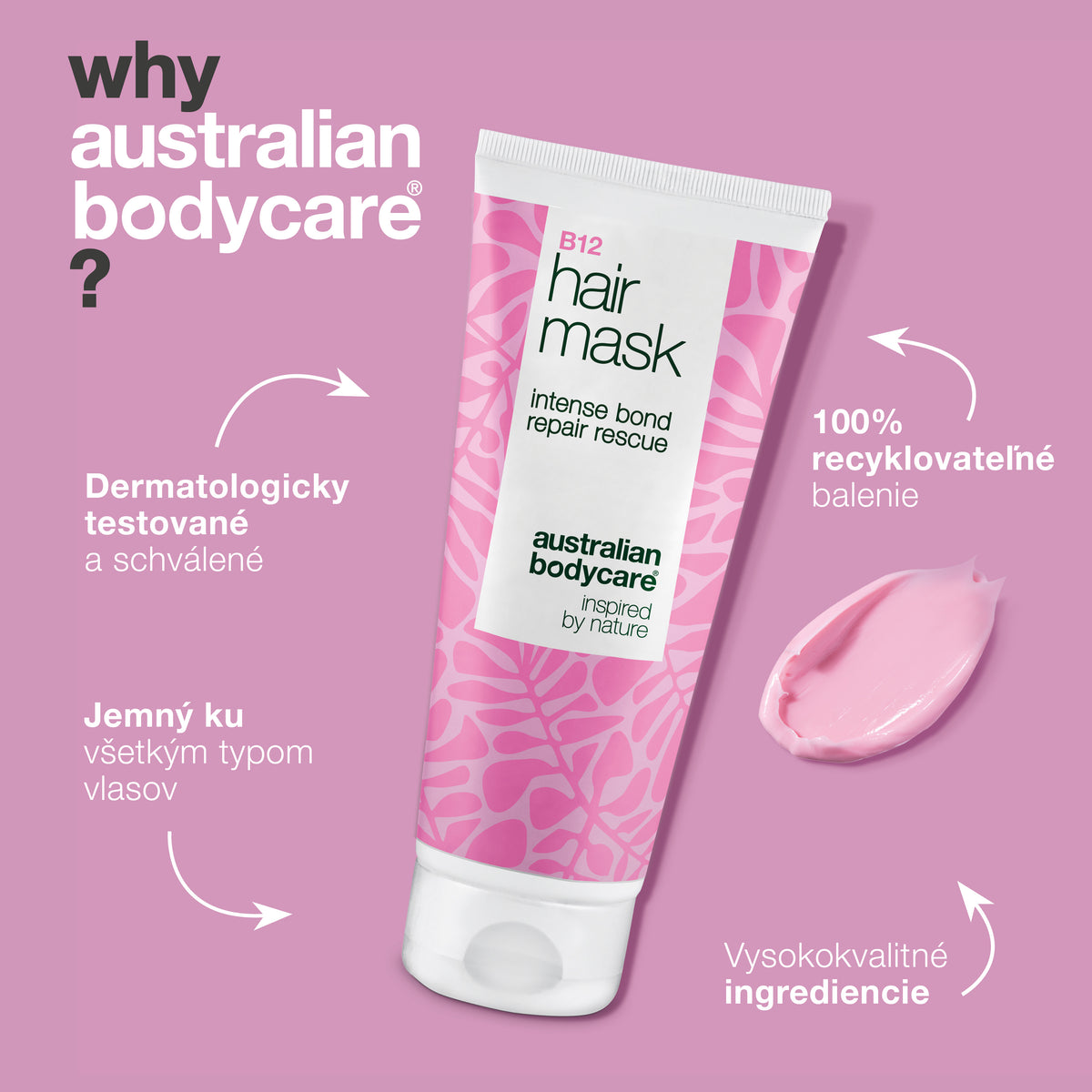 B12 Maska na vlasy je dermatologicky testovaná, šetrná ku všetkým typom vlasov a obal je 100 % recyklovateľný