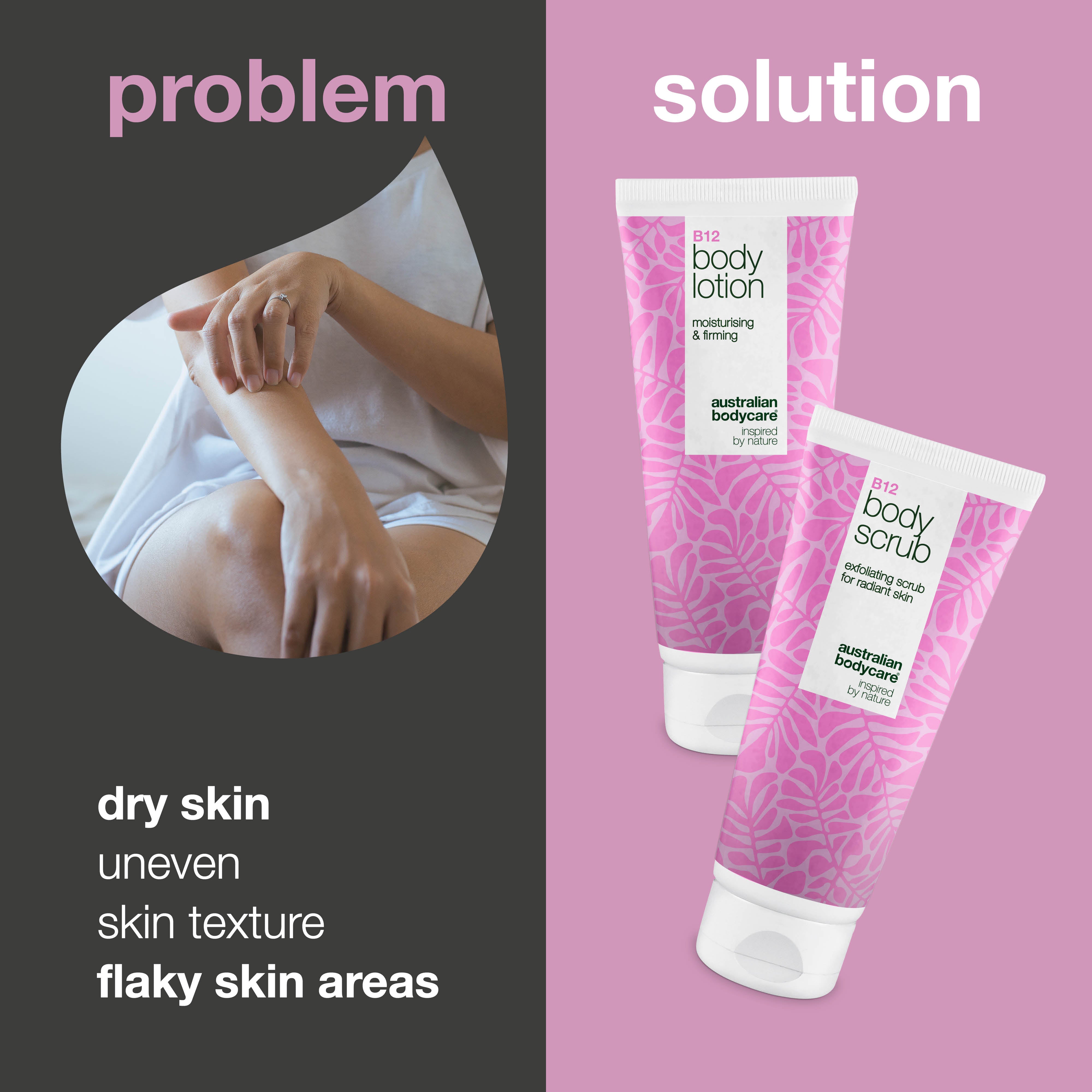 B12 sada na starostlivosť o suchú pokožku – Exfoliácia & hĺbková hydratácia — Hydratačný telový peeling & mlieko B12 pre suchú a citlivú pokožku.