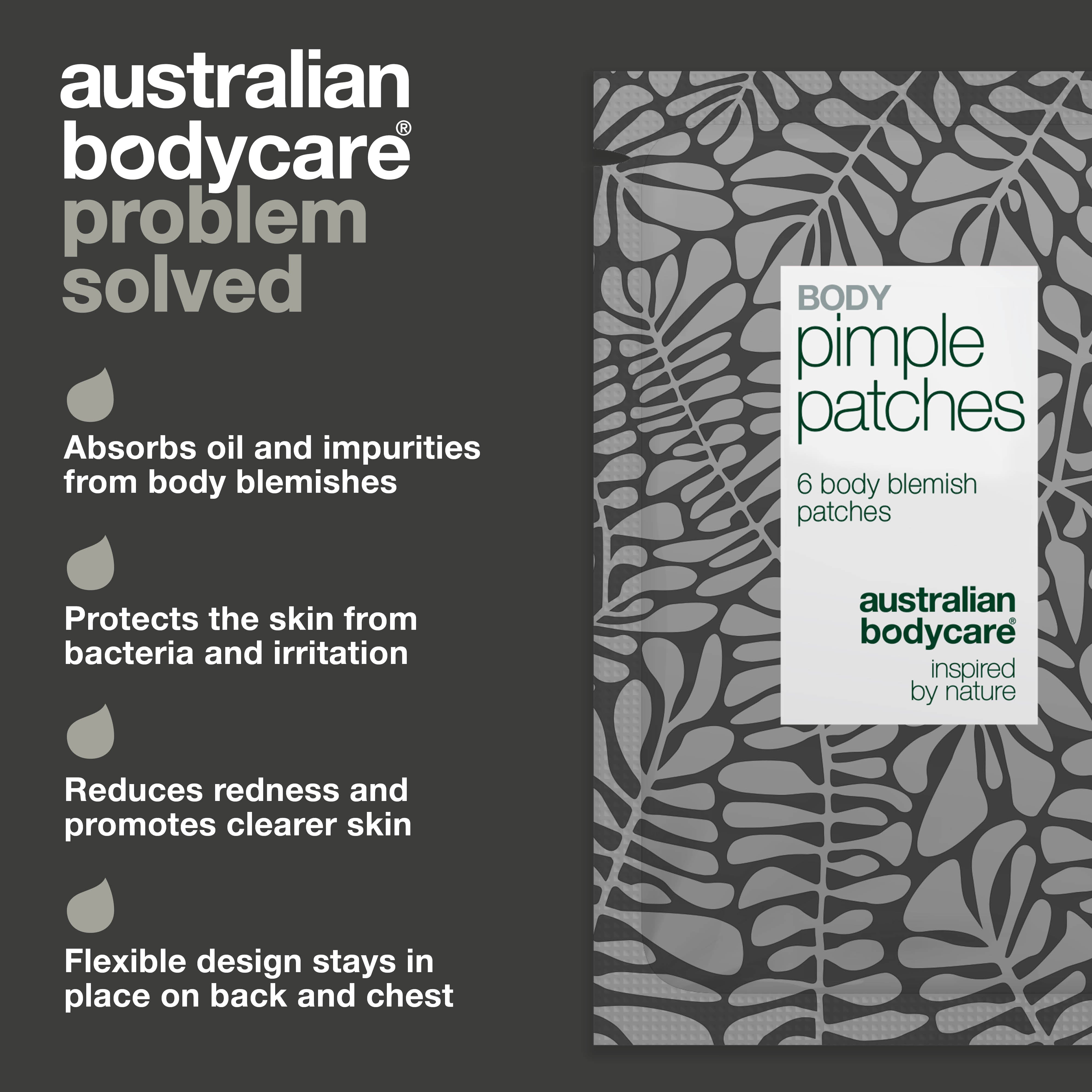 Body Pimple Patches – Náplasti na akné na telo — Odstráňte akné na chrbte, hrudi a ramenách. Náplasti absorbujú maz a chránia pokožku pred baktériami.
