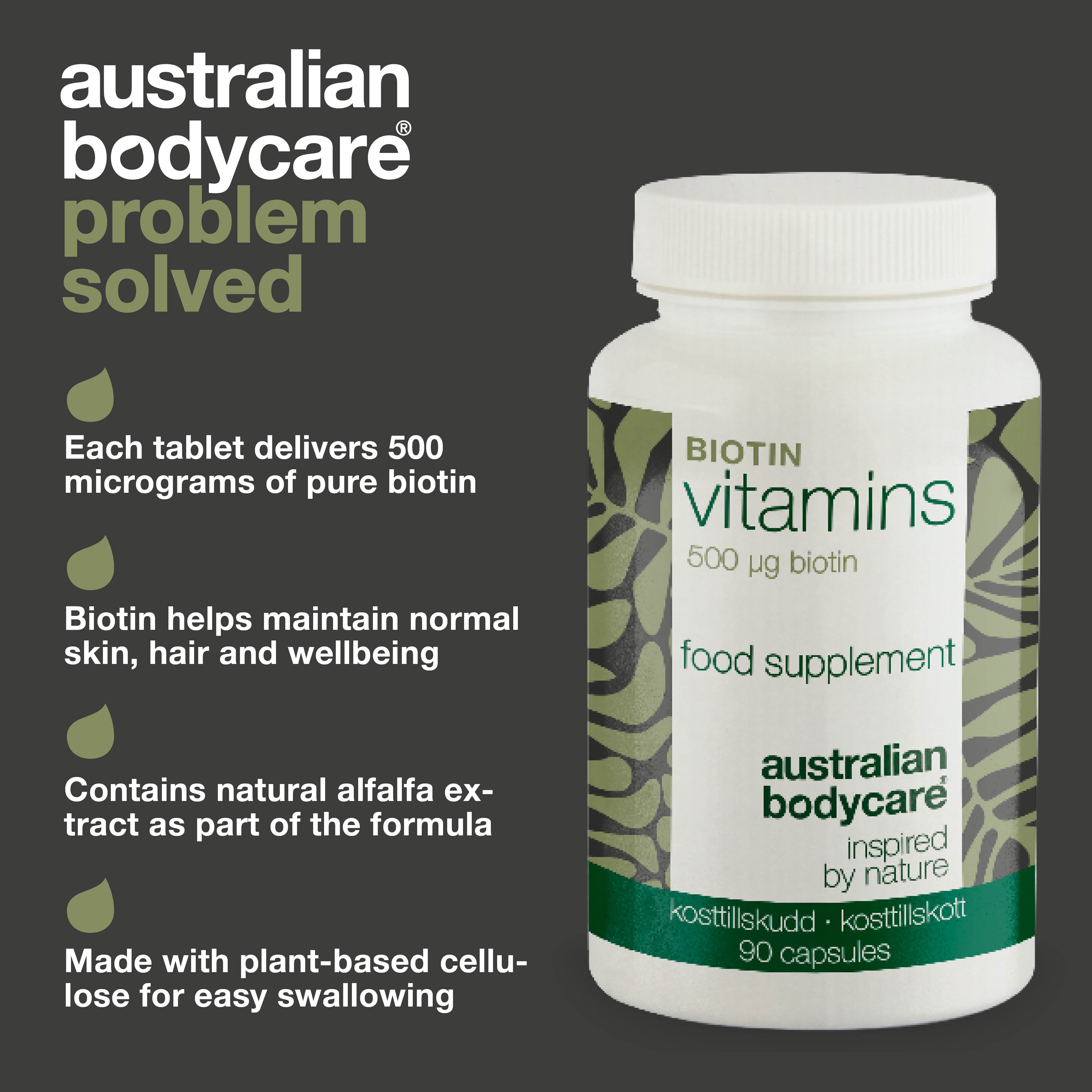 Doplnok stravy Biotín 500 µg – vitamín B7 – 90 ks — Doplnok s biotínom 500 µg – vhodný na vlasy, pleť a sliznice. Hlavné zložky: biotín, Medicago sativa a celulóza.