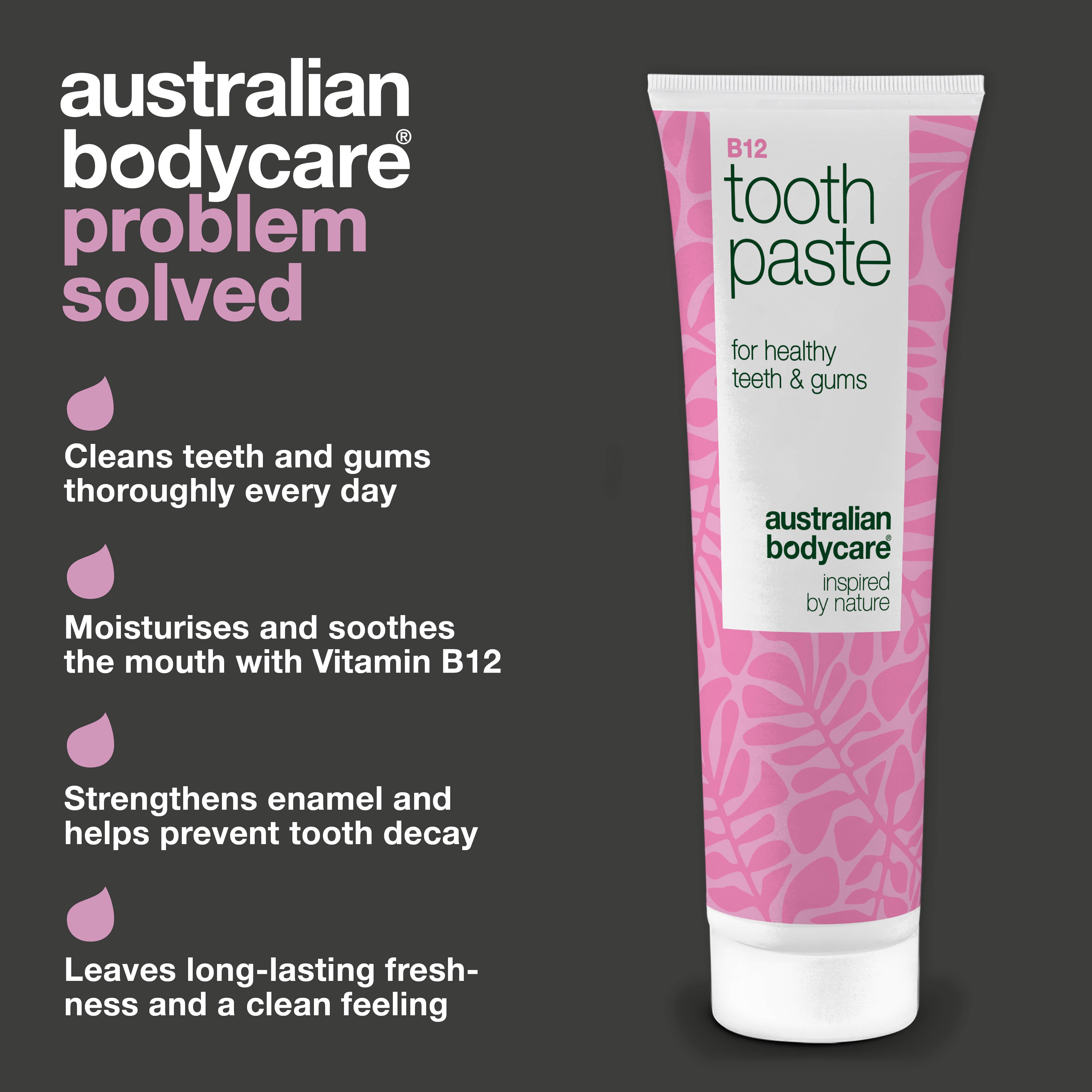 Zubná pasta s vitamínom B12 zmierňuje suchosť a citlivé ďasná. Posilňuje zuby a prináša svieži dych. S B12, fluoridom, zinkom, citrónom a mätou.