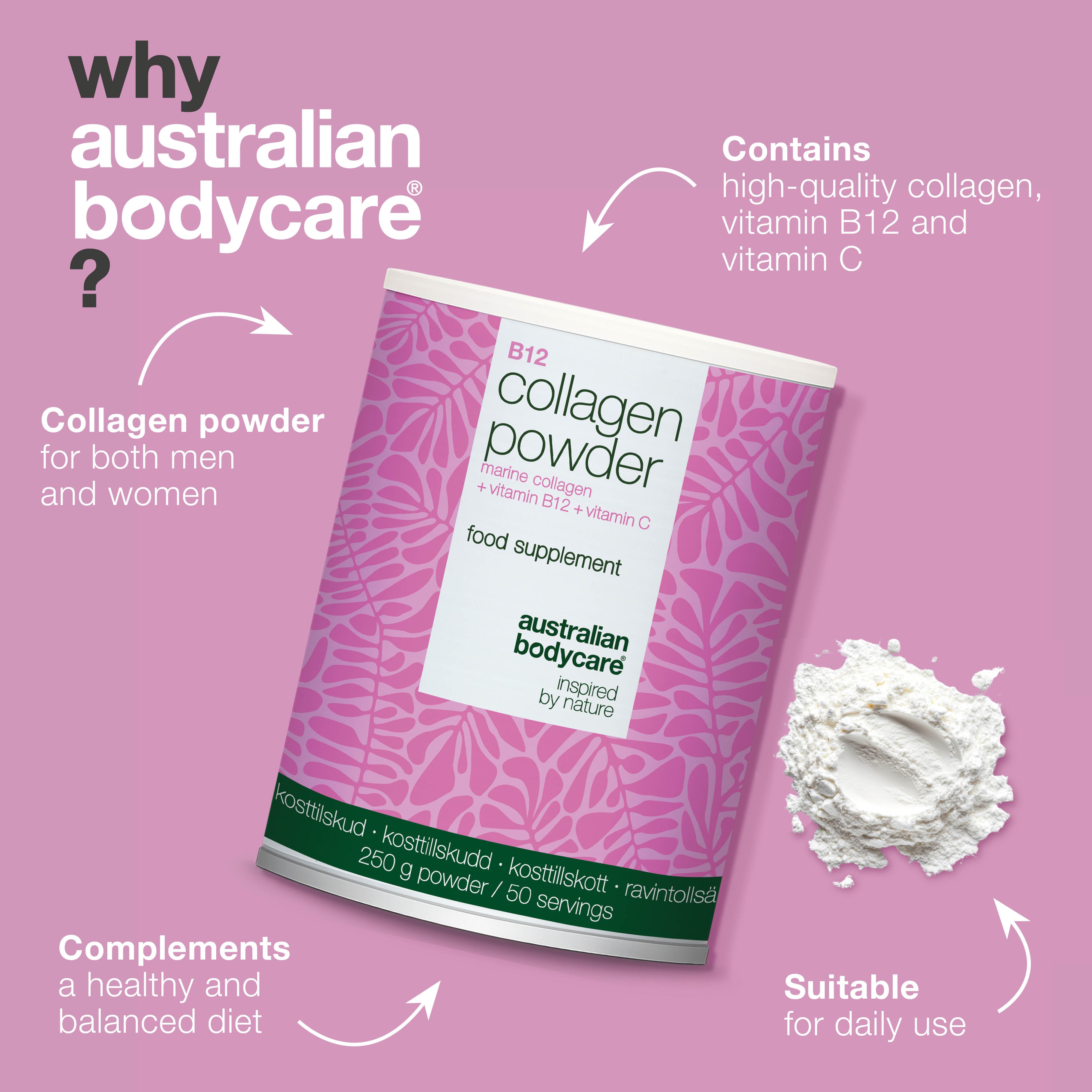 Kolagénový prášok na každodenné použitie v jedle alebo nápojoch. Jednoduché dávkovanie. Obsahuje morský kolagén, vitamín C a B12.