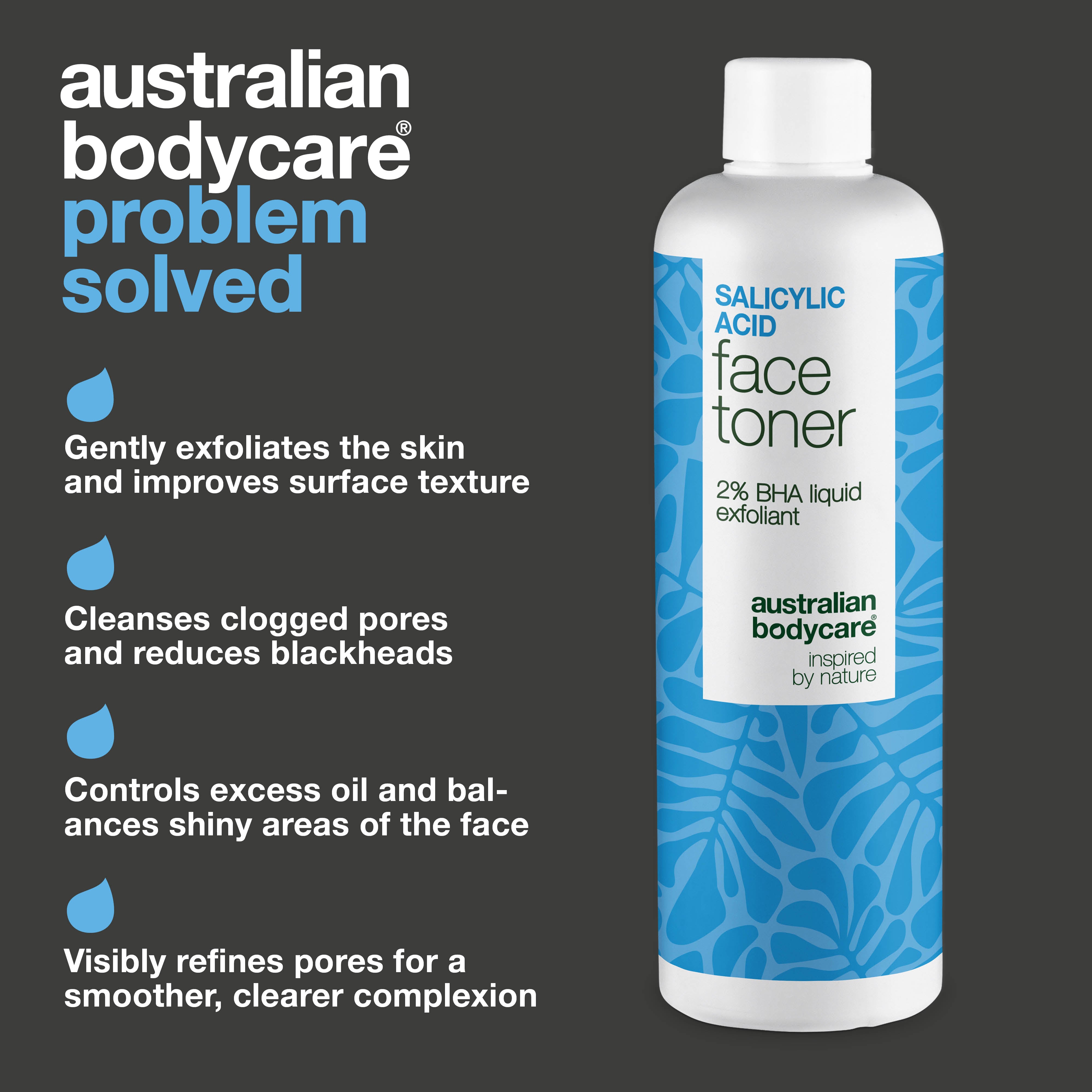 Salicylic Acid toner pomáha pri nedokonalostiach, čiernych bodkách a nerovnej pokožke. Účinná starostlivosť so Salicylic Acid od Australian Bodycare.