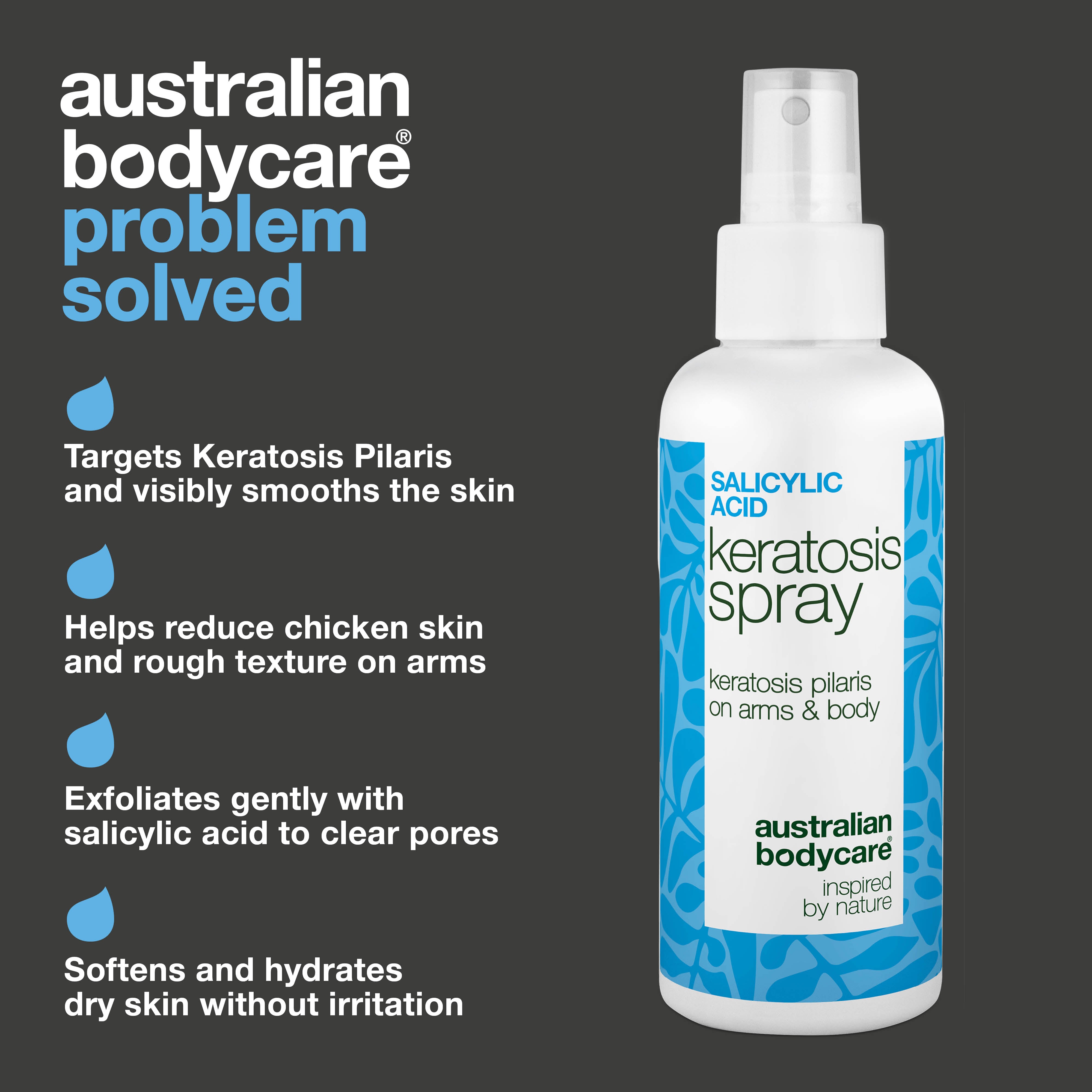 Sprej na keratosis pilaris a hrubú, drsnú pokožku — Keratosis pilaris sprej zmierňuje drsnú kožu a hrčky. Obsahuje kyselinu salicylovú na jemné čistenie a vyhladenie pokožky.
