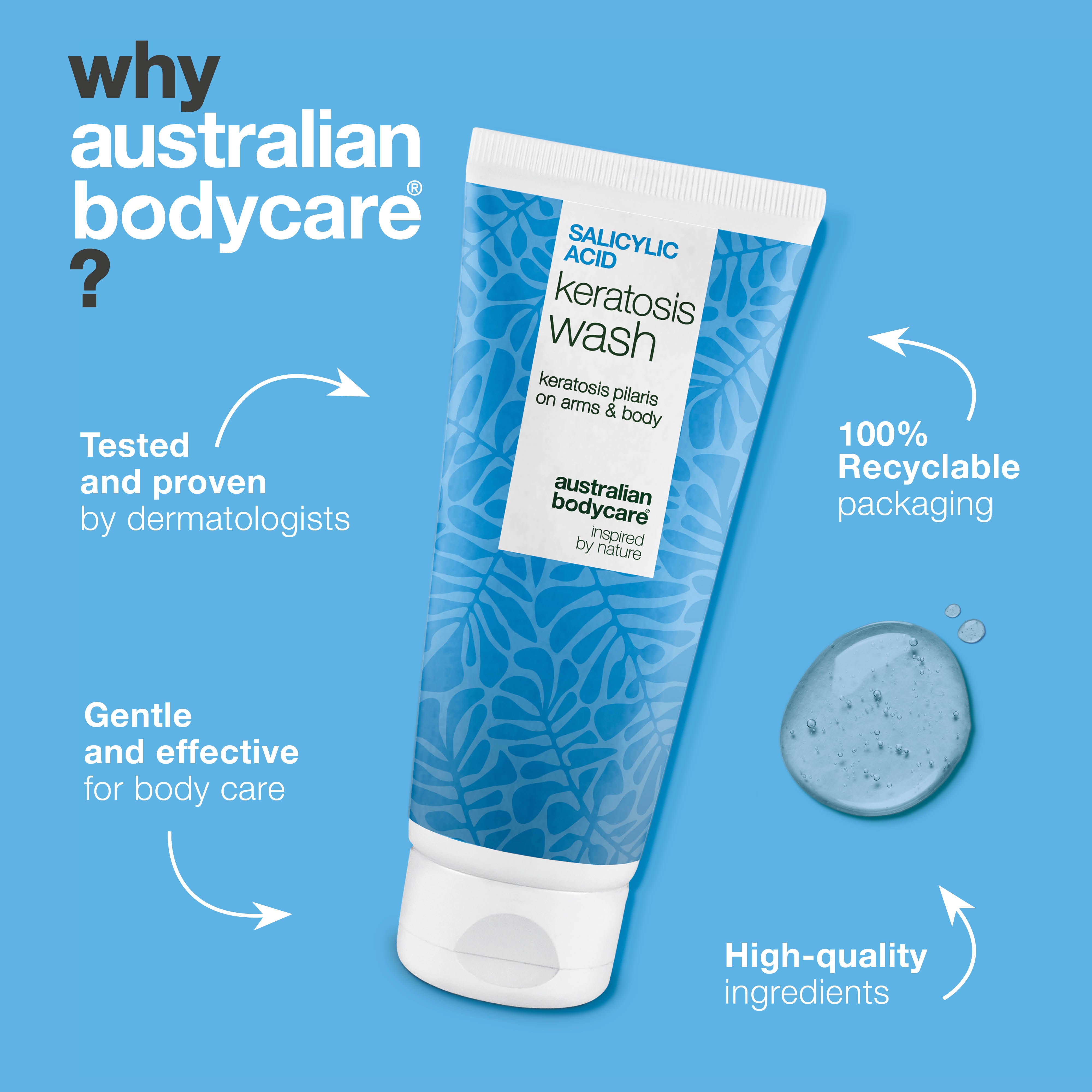 Keratosis Pilaris Sprchový gél na keratózu pilaris, upchaté póry a začervenanie. S kyselinou salicylovou, niacínamidom, zinkom PCA a vitamínom E pre výsledky.