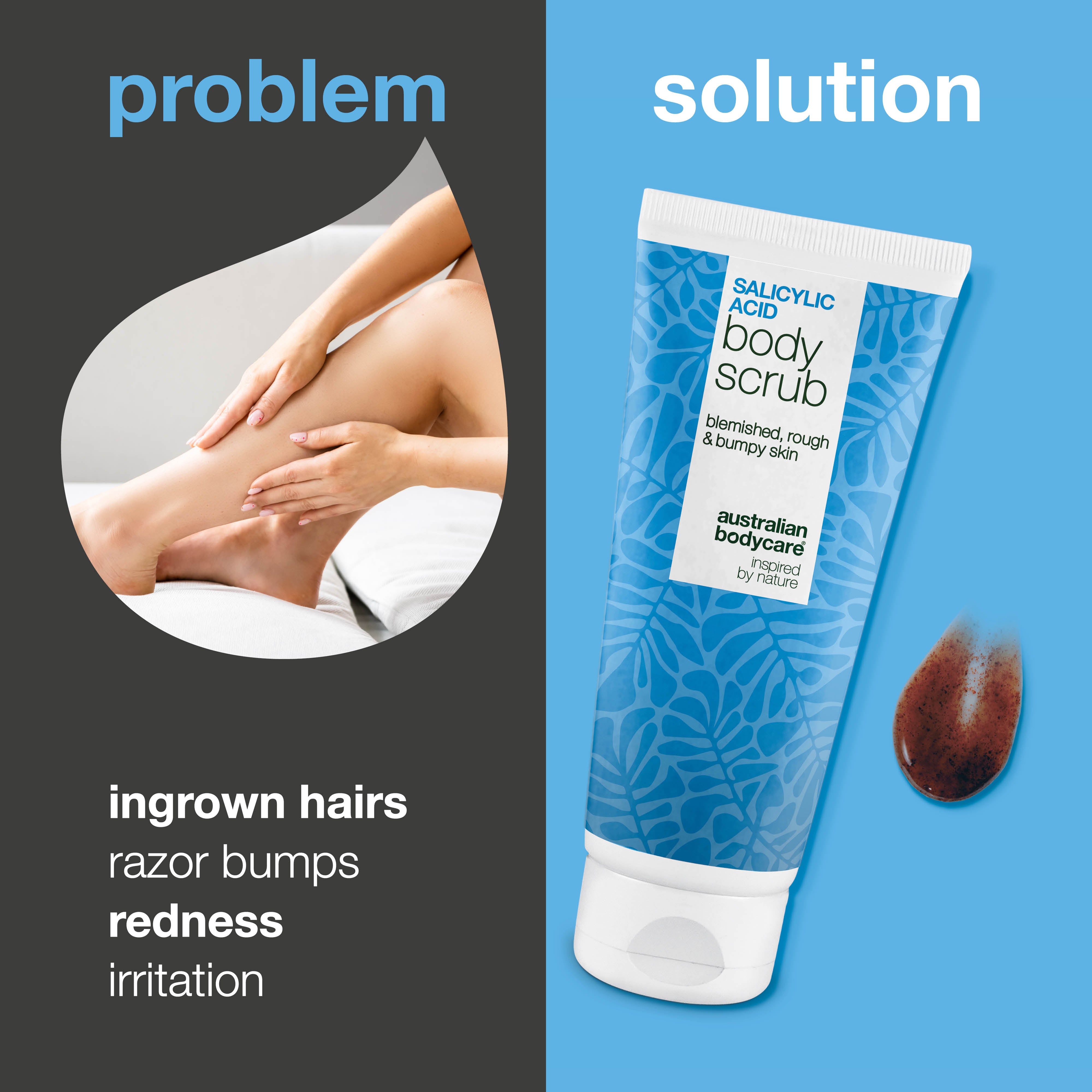 Shave Scrub pre jemnú, zdravú pokožku bez začervenania po holení. Kľúčové zložky: Kyselina salicylová, Kyselina glykolová, Glycerín a Allantoín.