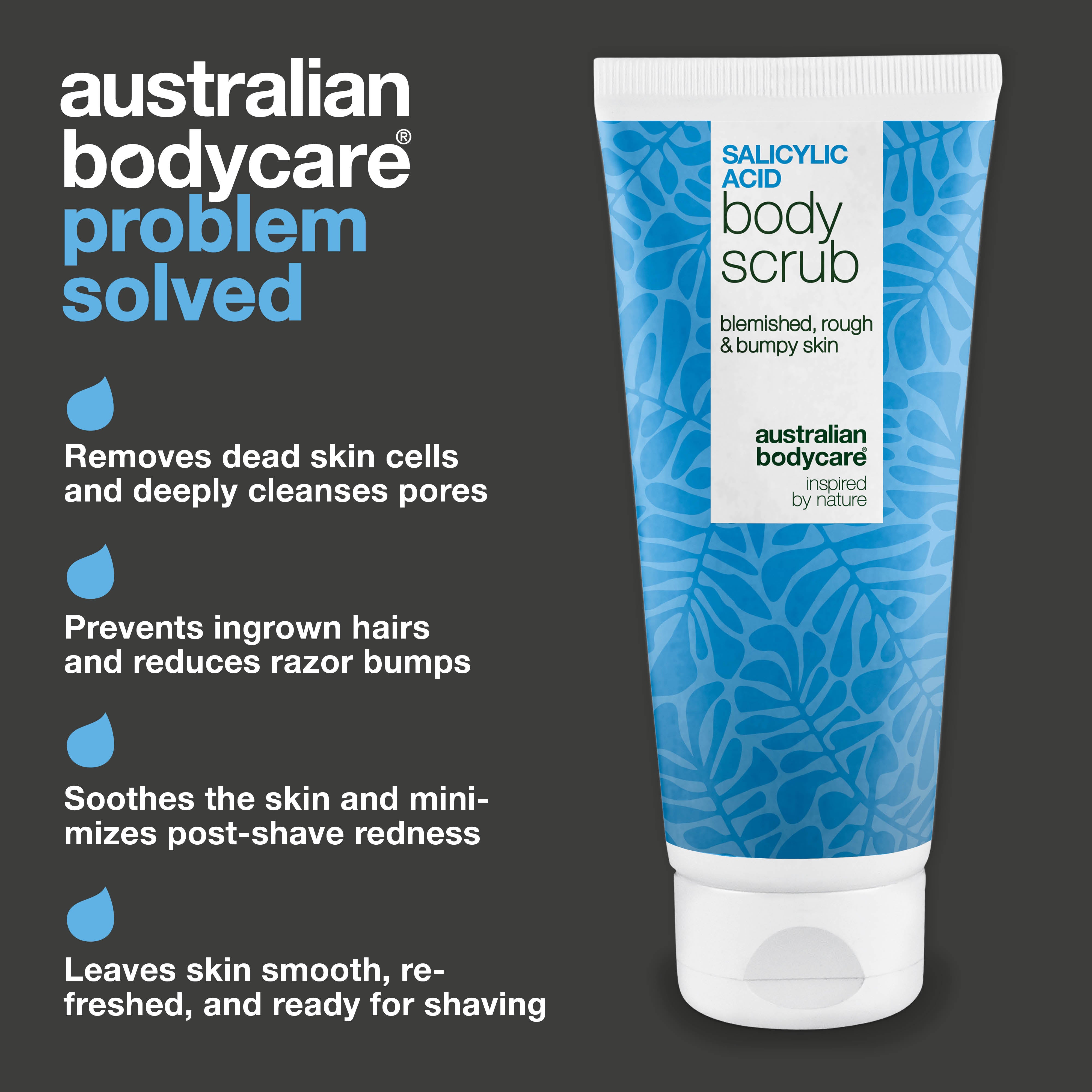 Shave Scrub pre jemnú, zdravú pokožku bez začervenania po holení. Kľúčové zložky: Kyselina salicylová, Kyselina glykolová, Glycerín a Allantoín.