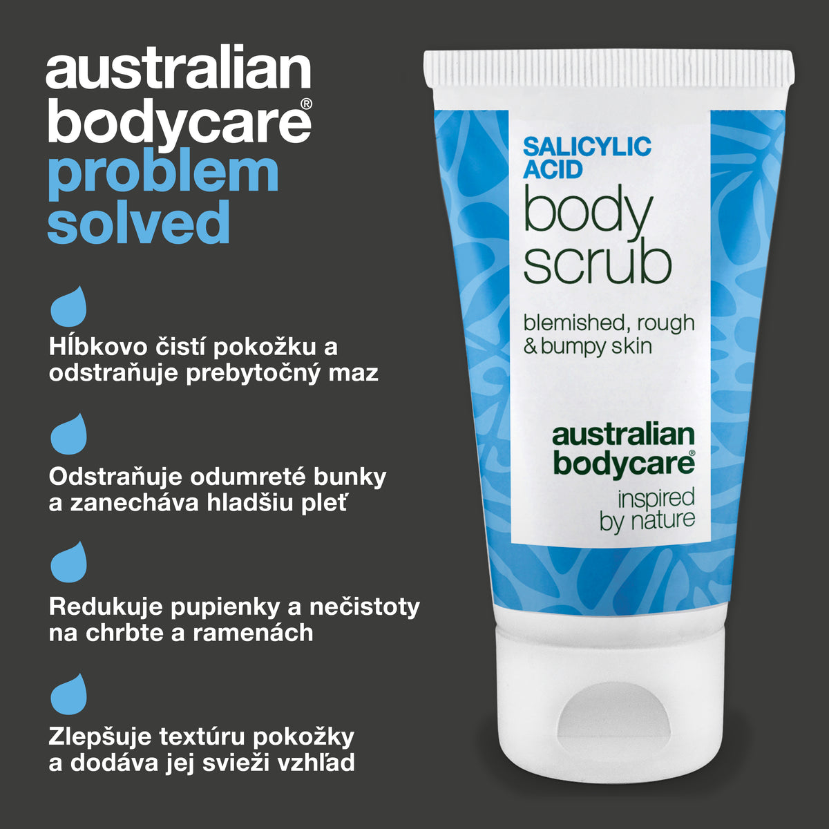Salicylic Acid Body Scrub čistí pokožku do hĺbky a odstraňuje nadbytočný maz, uvoľňuje odumreté bunky, znižuje pupienky na chrbte, ramenách a hrudi a vyhladzuje drsnú pokožku