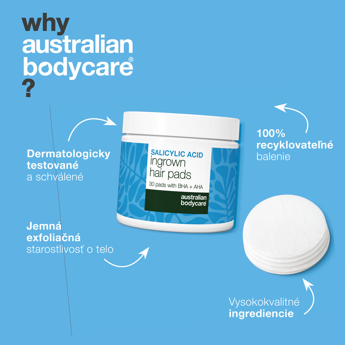 Vankúšiky s kyselinou salicylovou Australian Bodycare predstavené ako dermatologicky testované, šetrné a účinné pre telo, v recyklovateľnom obale a so zložkami vysokej kvality.