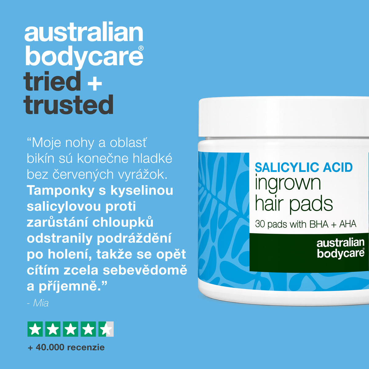 Zákaznícka recenzia vankúšikov s kyselinou salicylovou Australian Bodycare na zarastajúce chĺpky, zobrazená s hodnotením štyri a pol hviezdičky a viac než 40 000 recenziami.