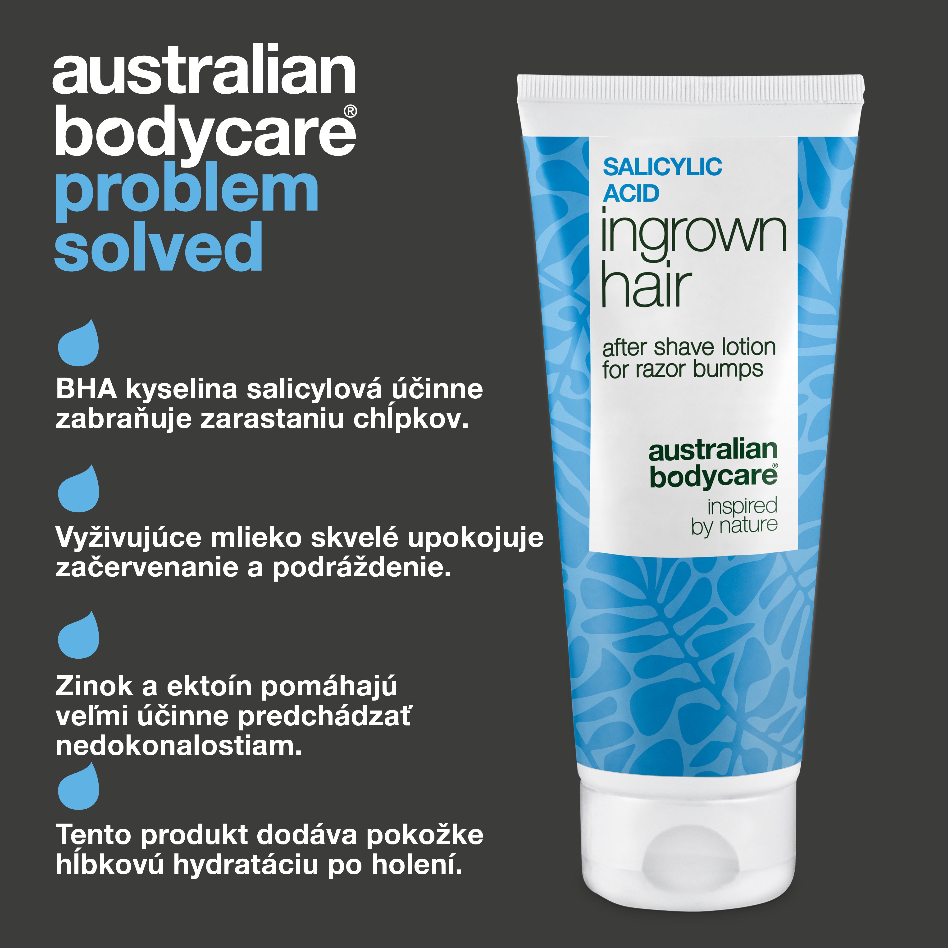 Australian Bodycare Mlieko po holení s kyselinou salicylovou na zarastajúce chĺpky, červené vyrážky, nedokonalosti a podráždenie. Zloženie s BHA kyselinou salicylovou, zinkom a ektoínom zároveň poskytuje pokožke intenzívnu hydratáciu po holení.