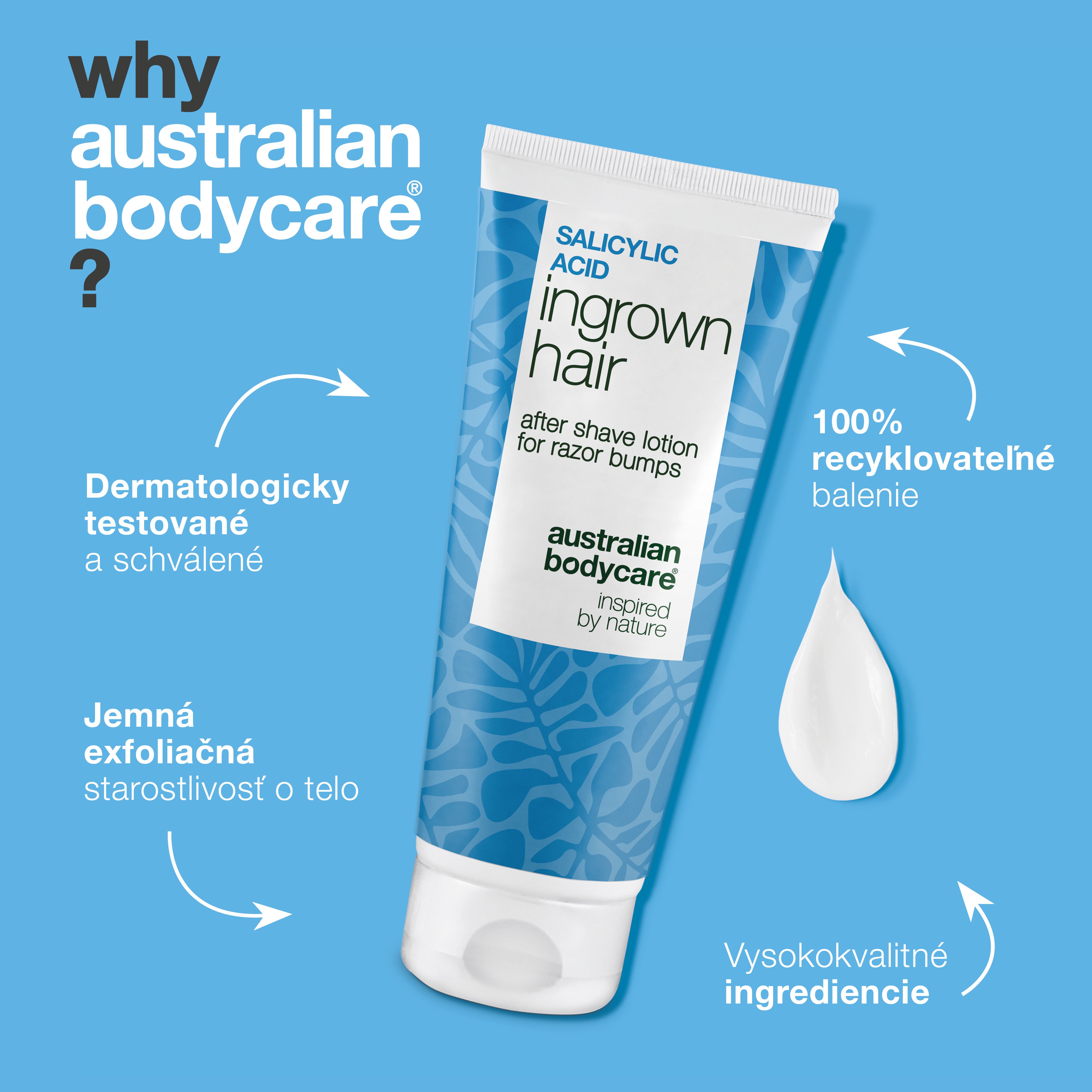 Australian Bodycare Mlieko po holení s kyselinou salicylovou v recyklovateľnom obale. Dermatologicky testovaná, šetrná a účinná starostlivosť o telo s vysokokvalitnými zložkami.
