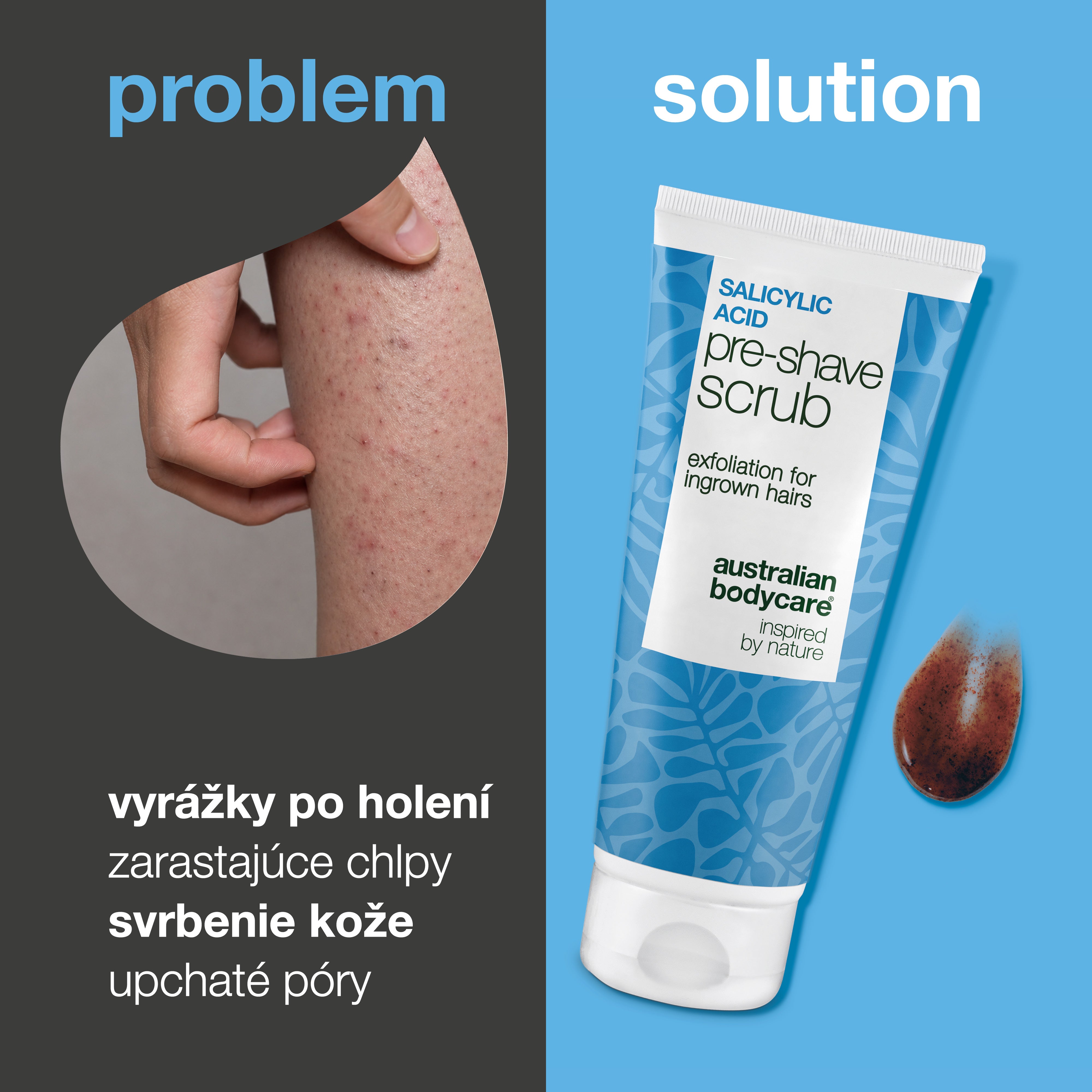 Peeling s kyselinou salicylovou na zarastajúce chĺpky — Peeling s kyselinou salicylovou na zarastajúce chĺpky a vyrážky. Zaistí hladké holenie bez svrbenia. Obsahuje kyselinu salicylovú a AHA.