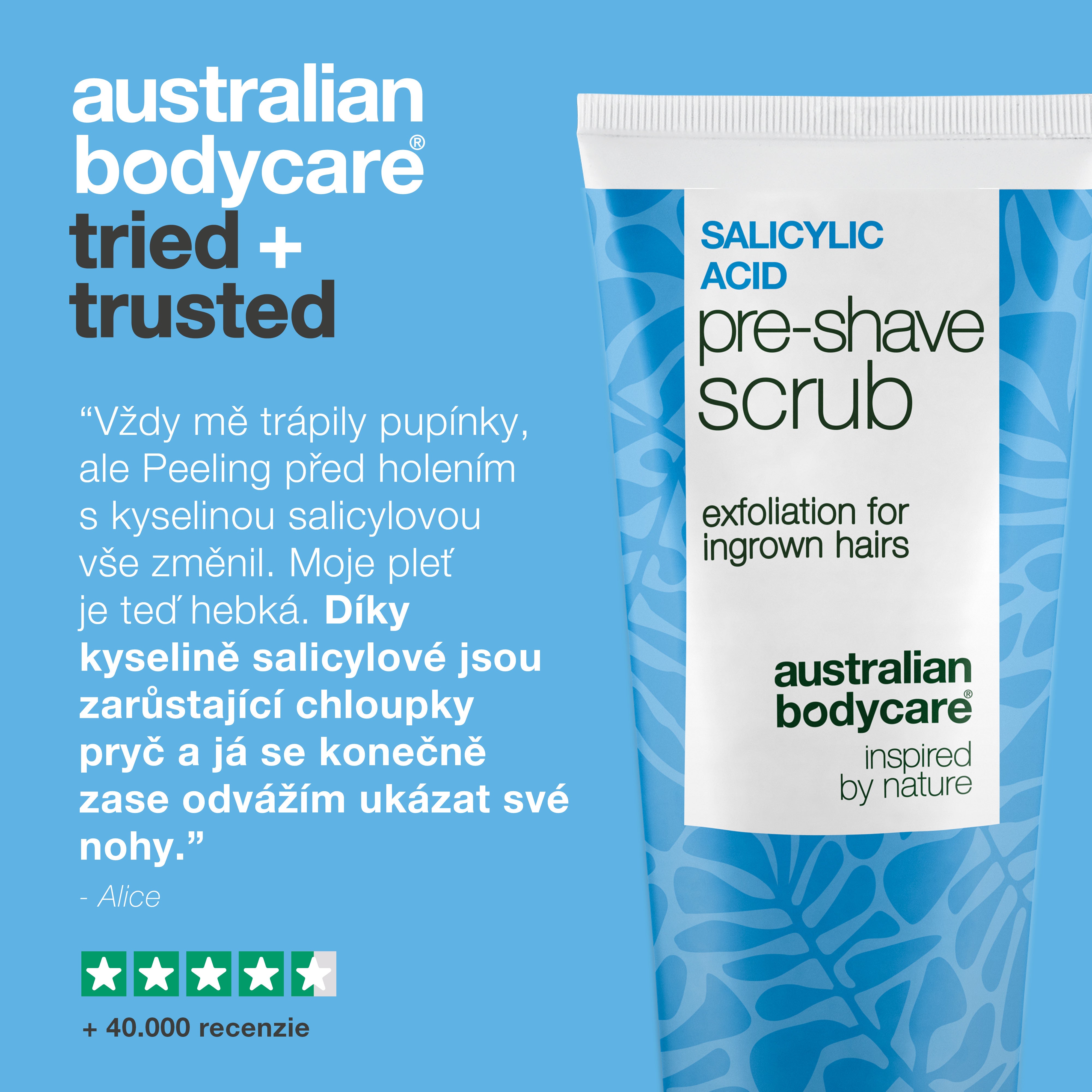 Peeling s kyselinou salicylovou na zarastajúce chĺpky — Peeling s kyselinou salicylovou na zarastajúce chĺpky a vyrážky. Zaistí hladké holenie bez svrbenia. Obsahuje kyselinu salicylovú a AHA.