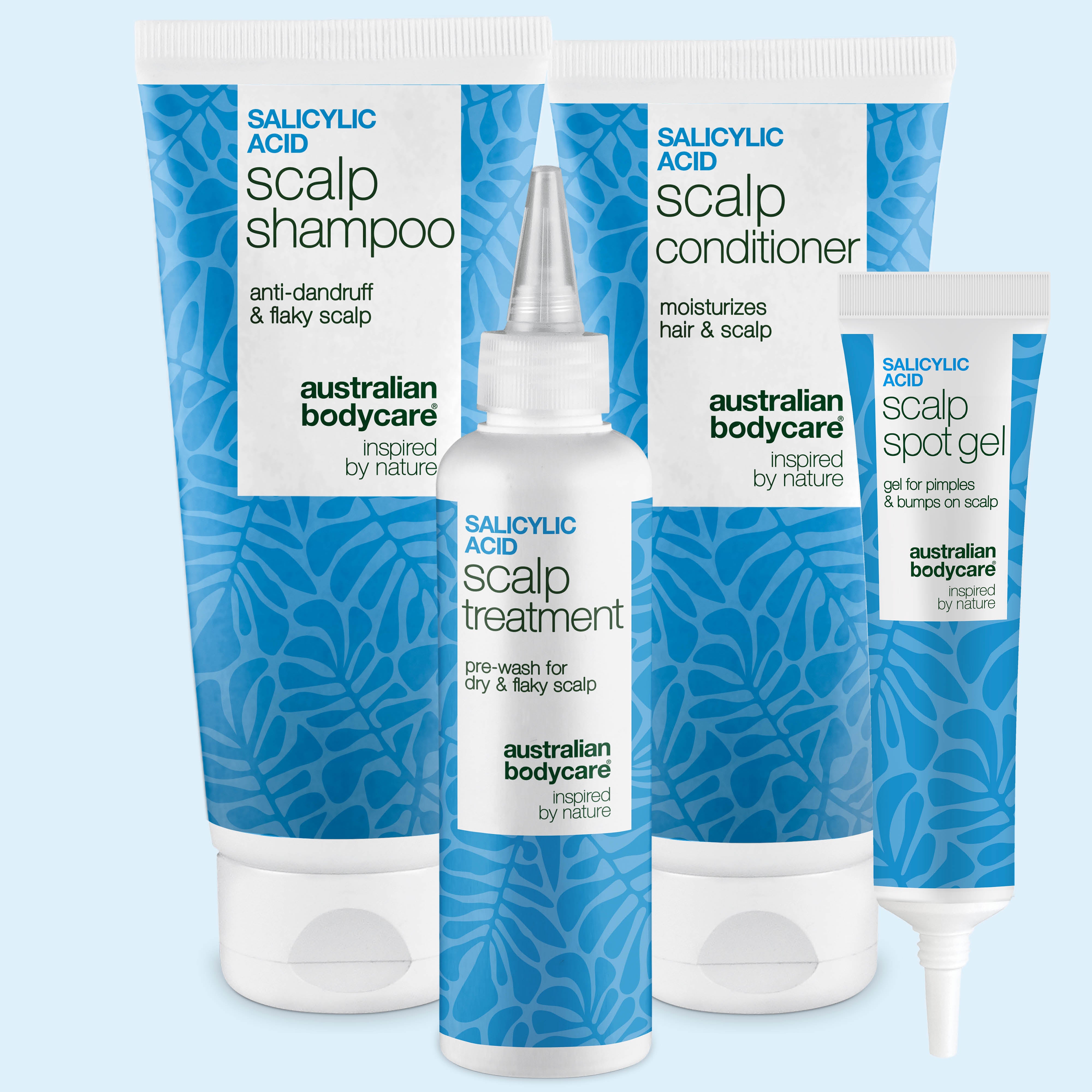 Sada s kyselinou salicylovou na pokožku hlavy: šampón, kondicionér, kúra a gél na vyrážky od Australian Bodycare