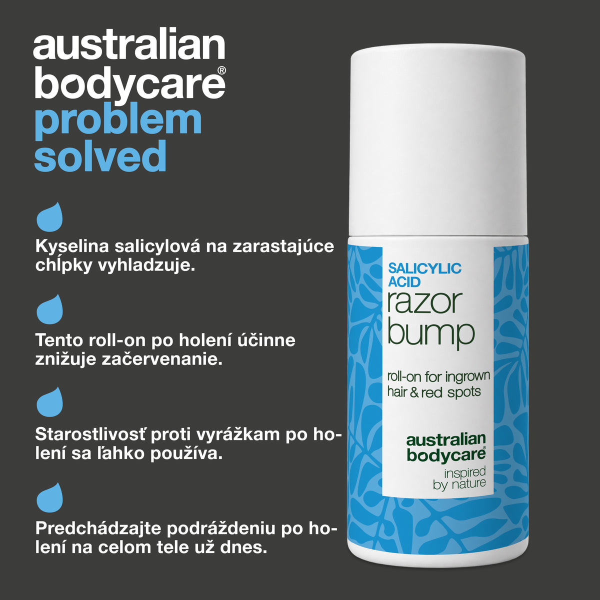 Roll-on Salicylic Acid Razor Bump od Australian Bodycare: kyselina salicylová na zarastajúce chĺpky vyhladzuje pokožku, roll-on po holení účinne znižuje začervenanie, starostlivosť proti vyrážkam po holení sa ľahko používa a predchádza podráždeniu po holení na celom tele.