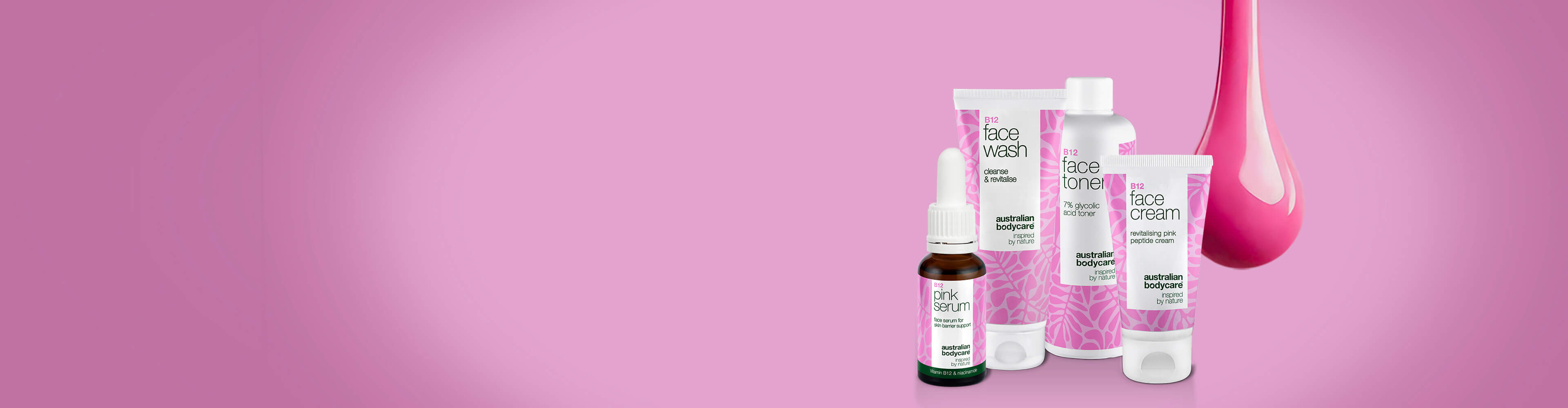 Banner s vitamínom B12 zobrazujúci 4 z nových produktov vitamínu B12 a známu ružovú farbu